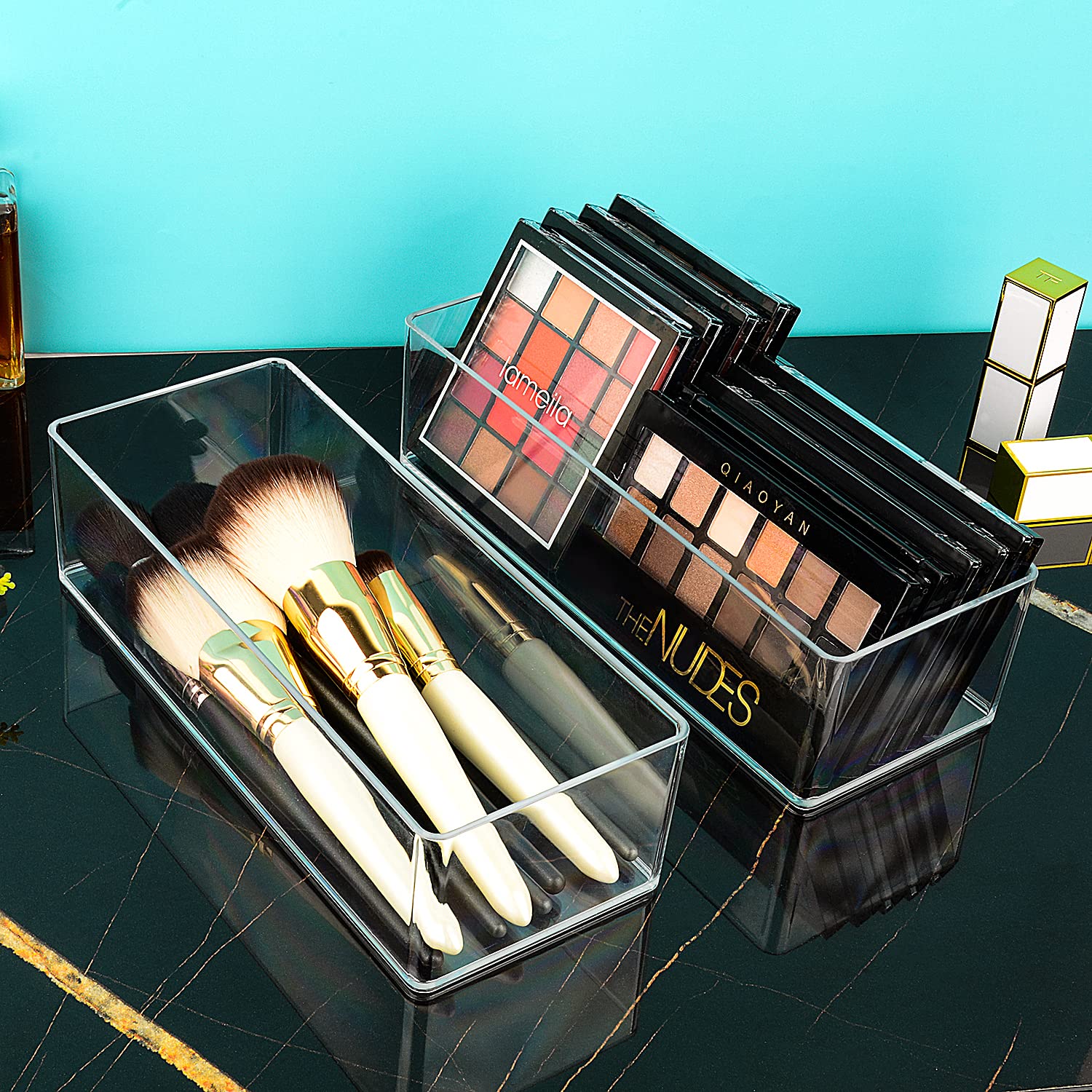 JessLab Acrylic Makeup Organizer Set (2-Pack) - 1+3 Compartment Drawer & Countertop Storage for Cosmetics, Jewelry, Office Supplies - Perfect for Vanity, Bathroom, Kitchen & Cabinet Organization