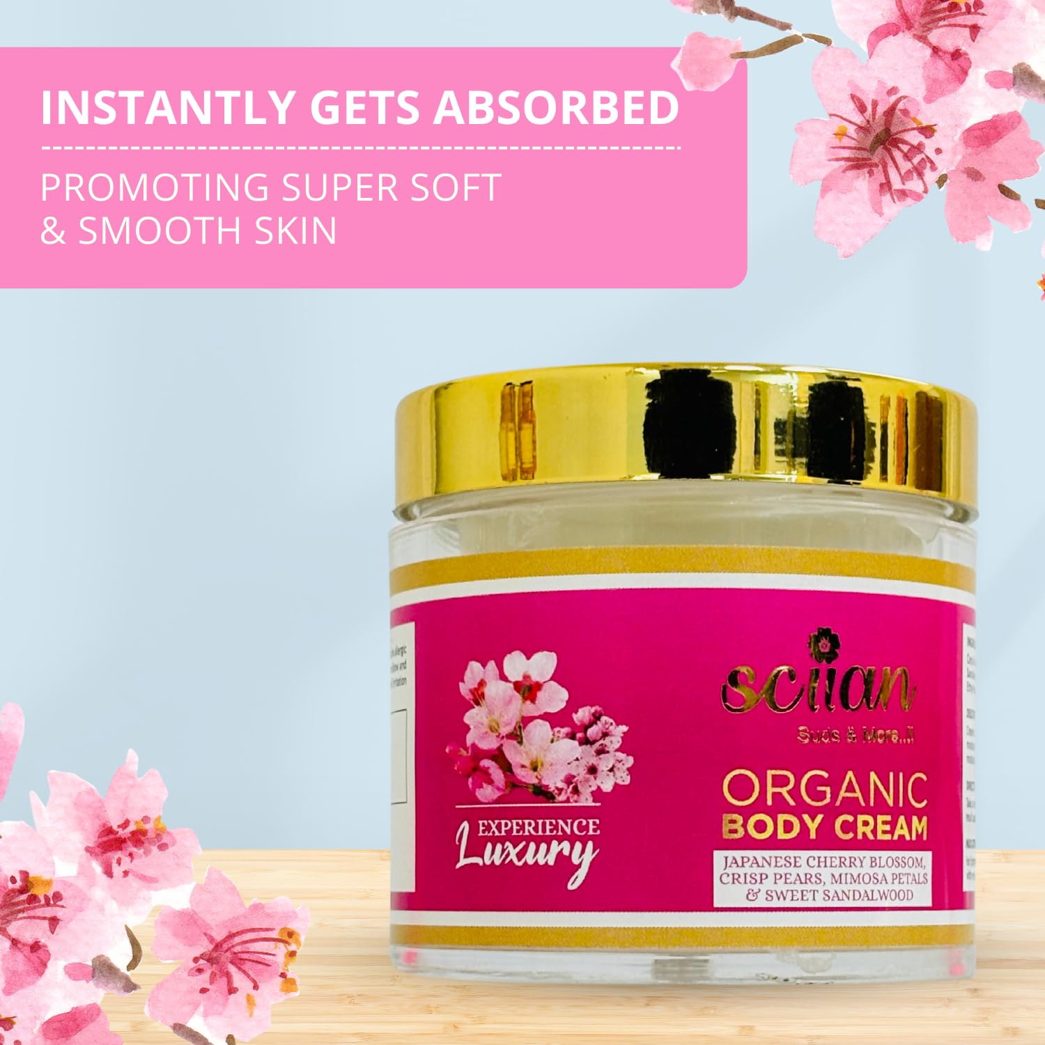 SCIIAN Japanese Cherry Blossom & Crisp Pear Body Cream with Mimosa Petals & Sweet Sandalwood - 100g Moisturizing Cream for Women, Dry Skin Care Enriched with Olive Oil & Almond Oil (Pack of 4) | Perfect for Daily Hydration, Spa Nights & Gift Giving