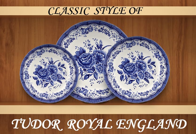 Tudor Royal 12-Piece Porcelain Dinnerware Set - Blue Floral Design for 4, Elegant Tableware for Dining & Entertaining