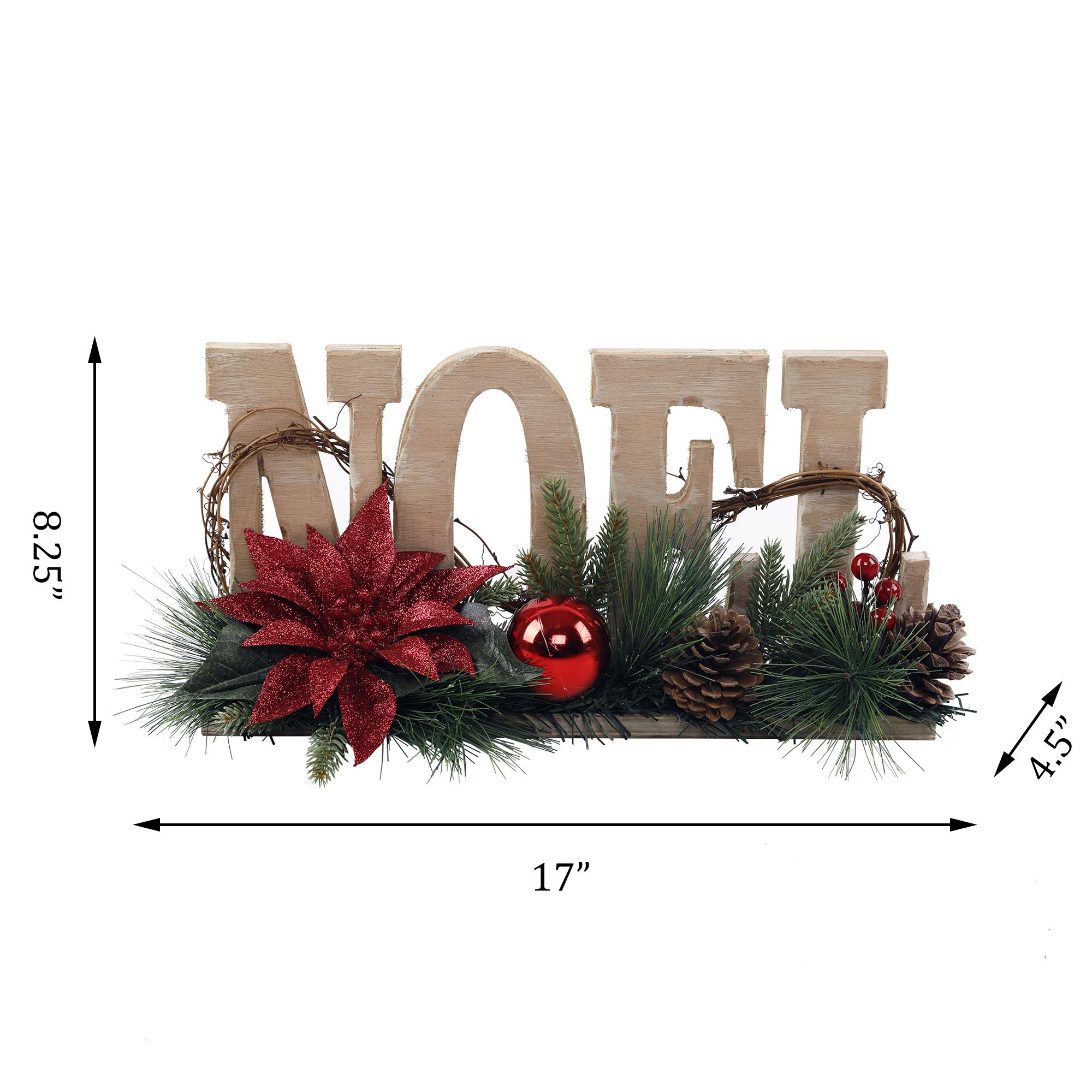 17 Inch Wood Noel Floral Sign - Large Christmas Home Decor Centerpiece for Holiday Mantel, Table, or Wall Display