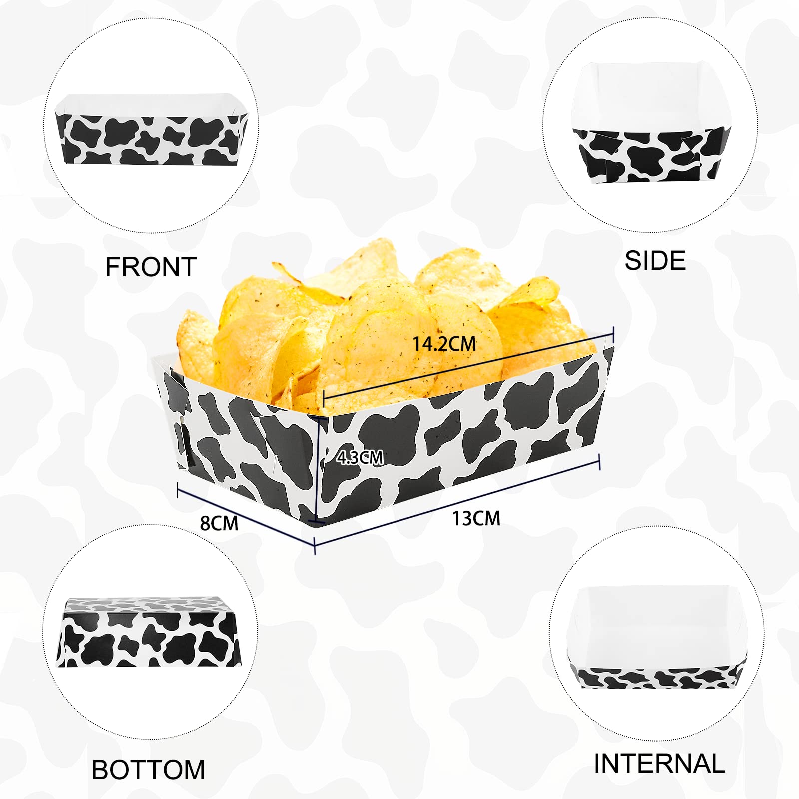 50 Packs Black and White Cow Print Paper Food Trays - Disposable Nacho, Hot Dog & Party Snack Trays for Birthday, BBQ, Picnic & Farm Theme Events
