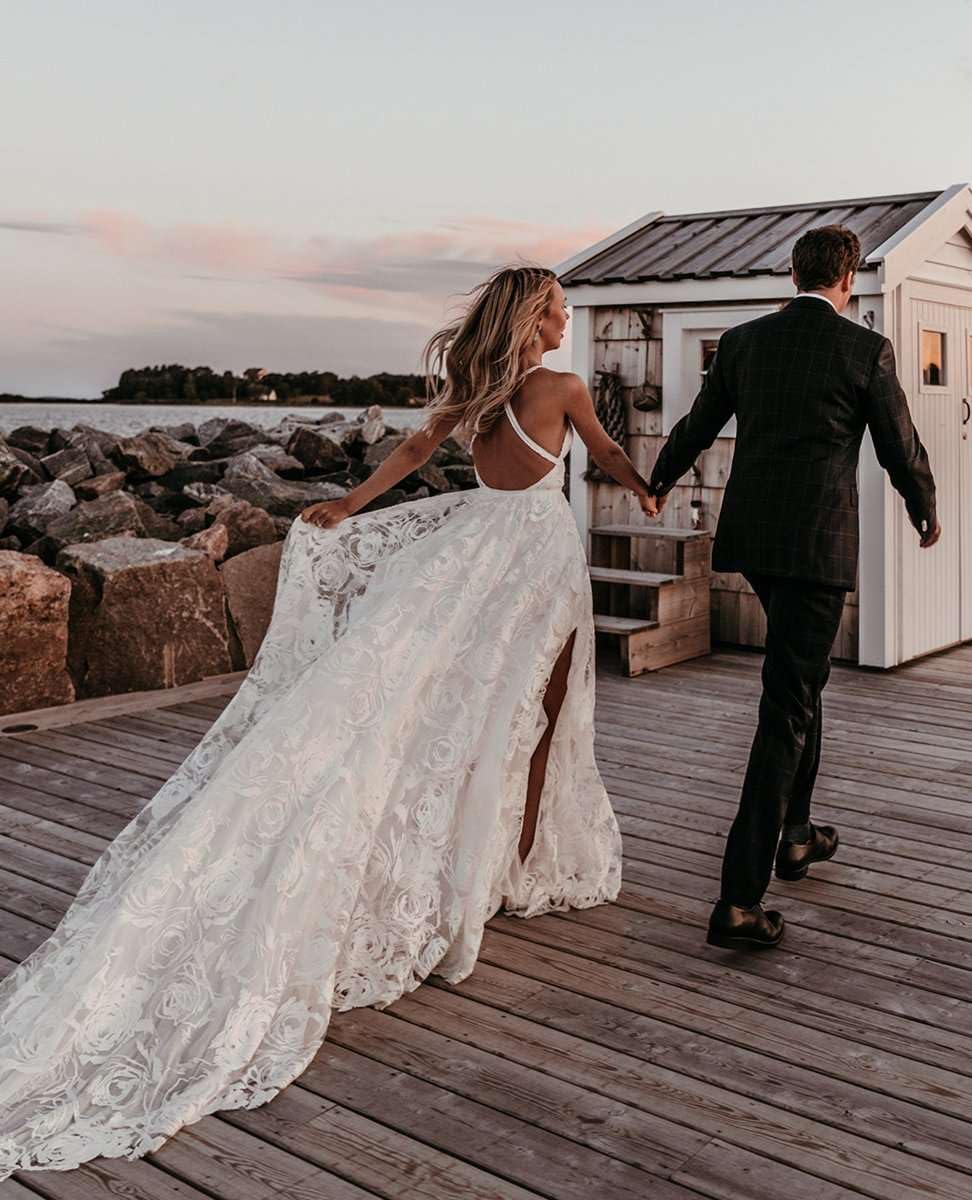 Elegant V-Neck Lace Beach Wedding Dress with High Slit & Open Back - Perfect for Beach, Destination, and Summer Weddings