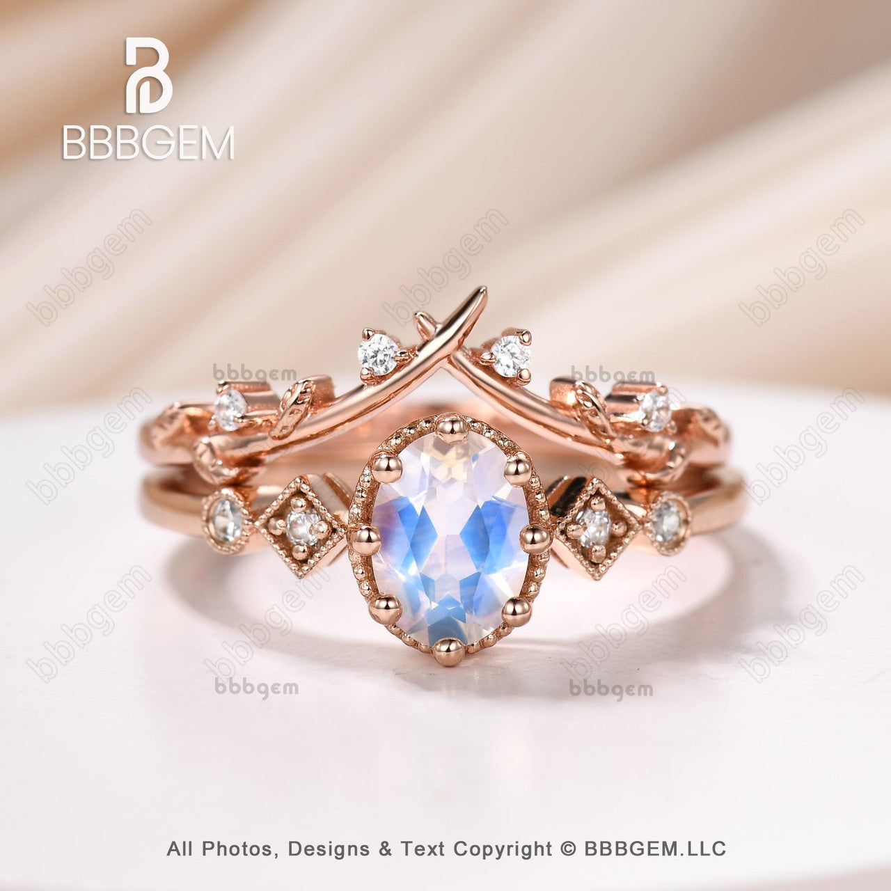 Vintage Art Deco 14K Rose Gold Moissanite & Moonstone Statement Ring Set - 5 Stone Oval Bridal Ring for Women - Perfect for Weddings, Anniversaries & Special Occasions