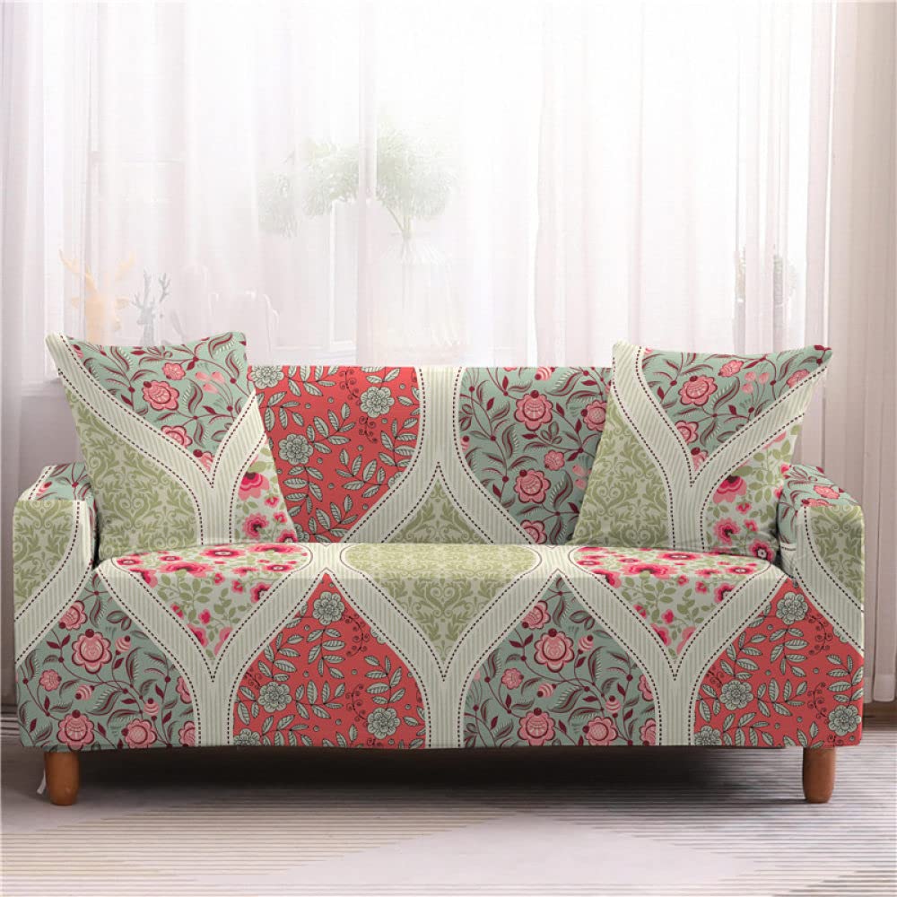 Stretch Sofa Cover - Vintage Rhombus Floral Print Couch Cover for Living Room, Sectional, Loveseat | Protects Furniture from Pets, Spills & Wear | Easy Washable Sofa Slipcover