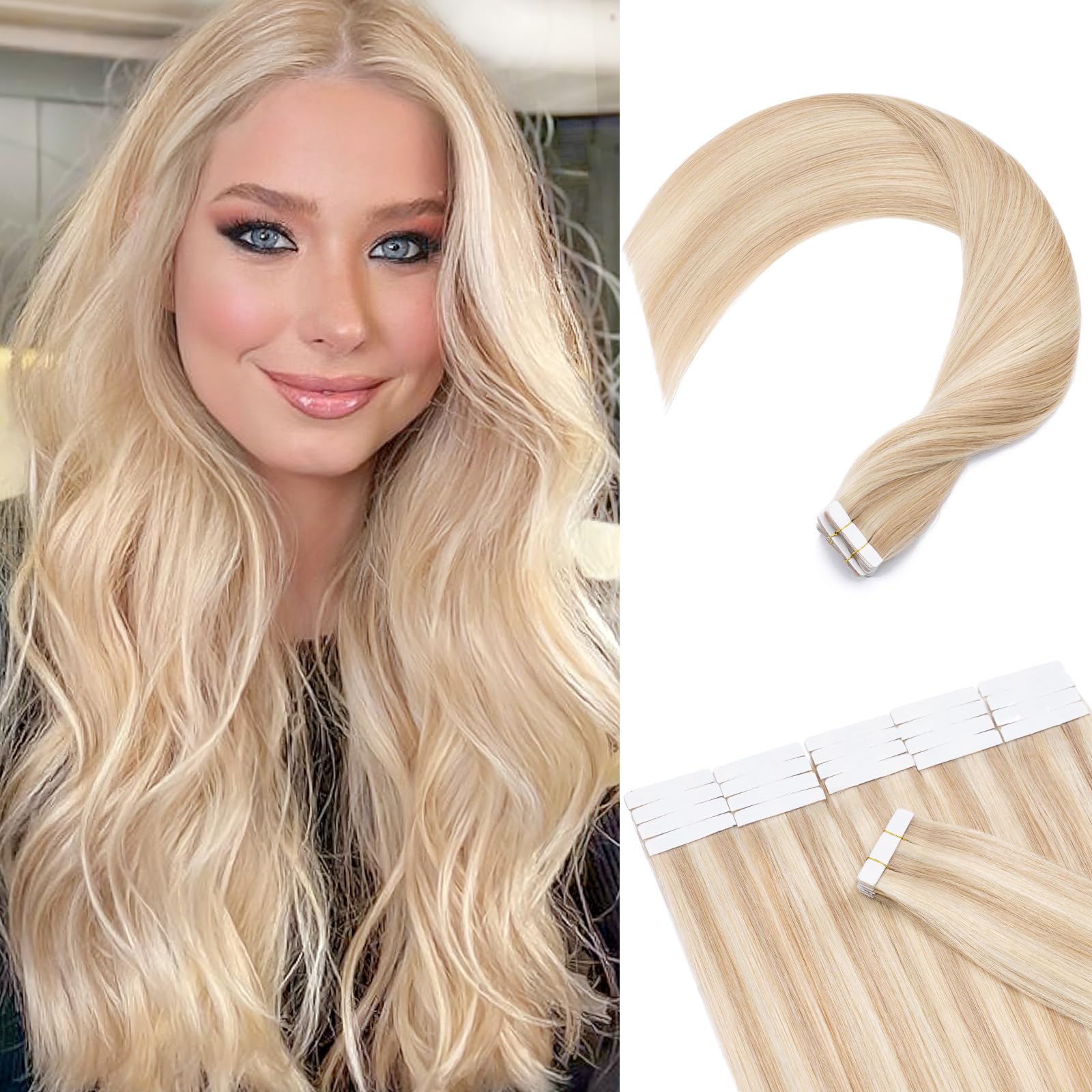 20pcs 50g Tape in Hair Extensions - 100% Remy Human Hair, Balayage Ash Blonde Highlighted Bleach Blonde, Seamless Straight Double Sided - 18 Inch #18P613 for Weddings, Parties & Daily Styling