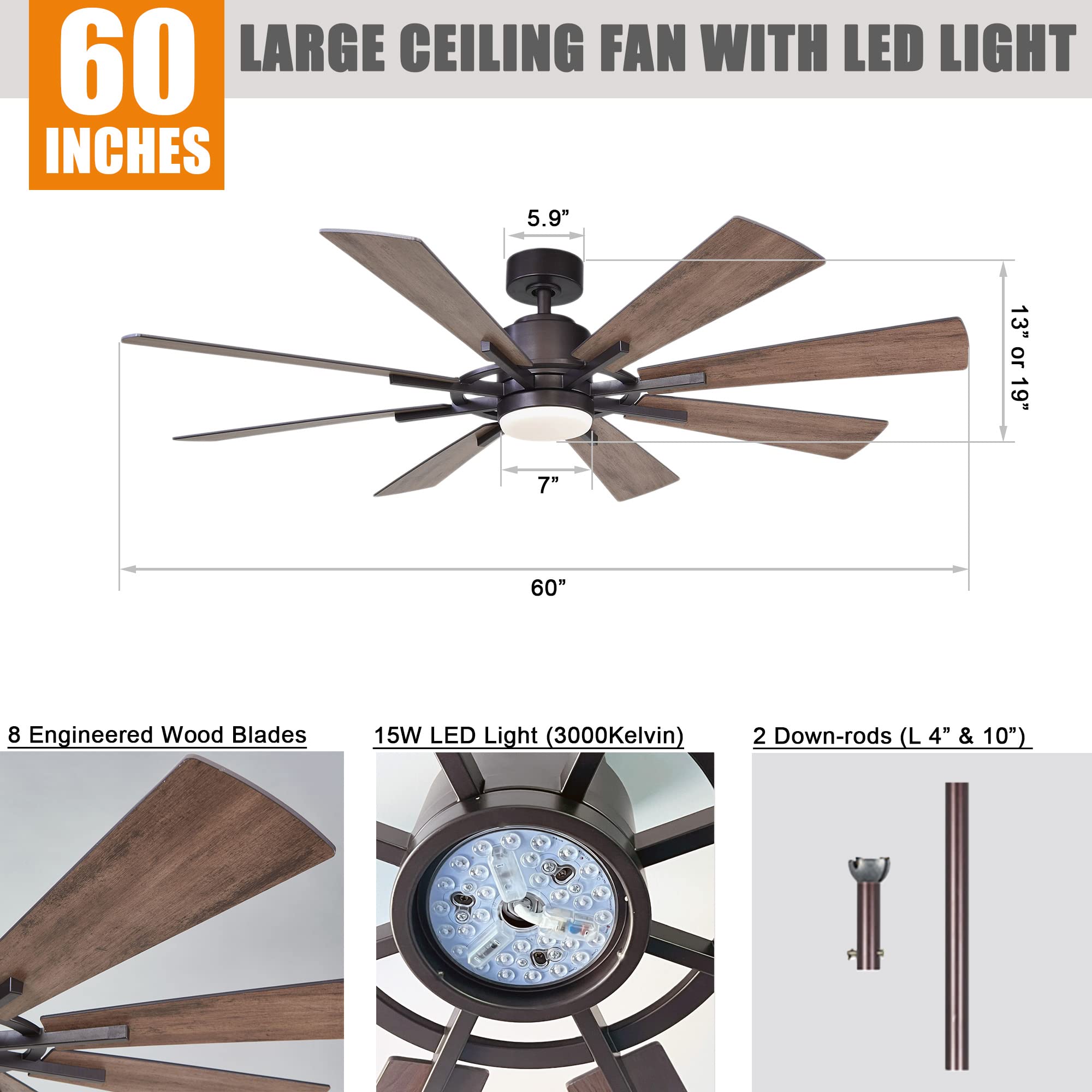 60 Inch Farmhouse Ceiling Fan with LED Light & Remote Control - Bronze Finish, 6-Speed Reversible DC Motor - Perfect for Living Room, Bedroom & Outdoor Covered Patios | Parrot Uncle
