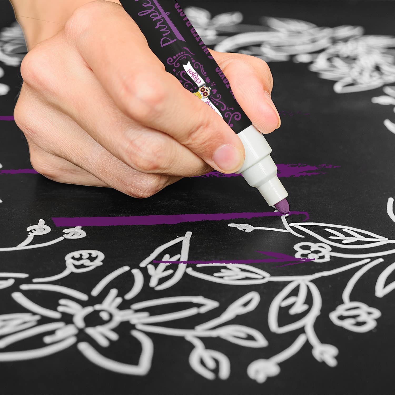 CHALKY CROWN Liquid Chalk Markers - 6mm Reversible Tip Dry Erase Markers for Chalkboard, Blackboard, Windows, Glass & Mirror Writing - Non-Toxic Washable Markers (5 Pack, Purple) - Perfect for Restaurants, Cafes, Retail Signs & DIY Home Decor
