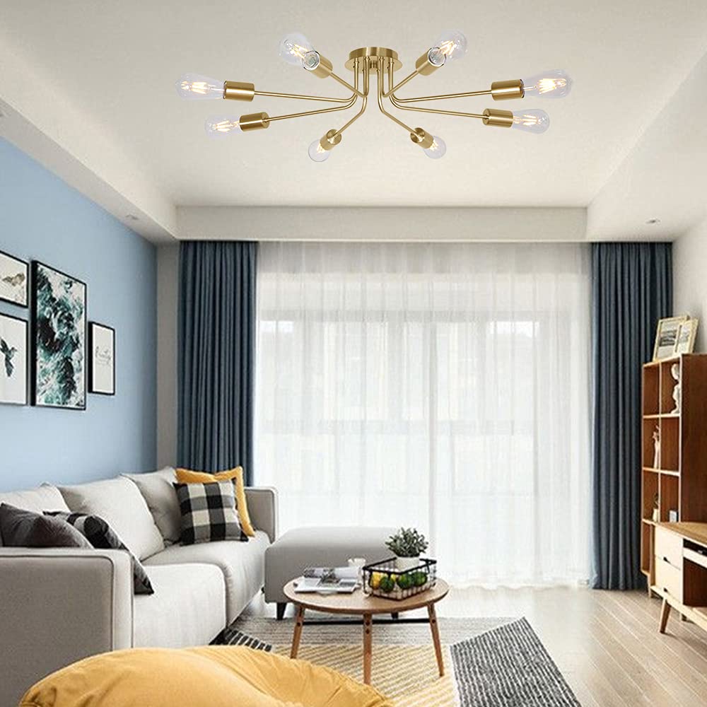 8-Light Sputnik Chandelier Brushed Brass Semi-Flush Mount Ceiling Light Fixture - Modern Industrial Kitchen Lighting for Dining Room, Living Room & Bedroom
