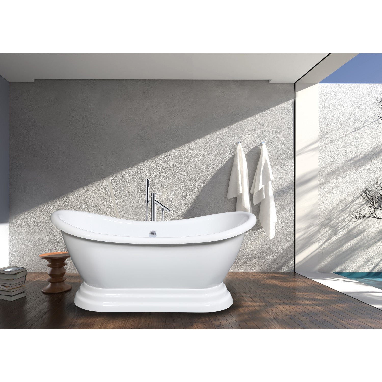 Aqua Eden 60 Inch Acrylic Oval Double Slipper Pedestal Bathtub - Glossy White Freestanding Soaking Tub (No Faucet Drillings) for Luxury Bathroom & Spa Relaxation