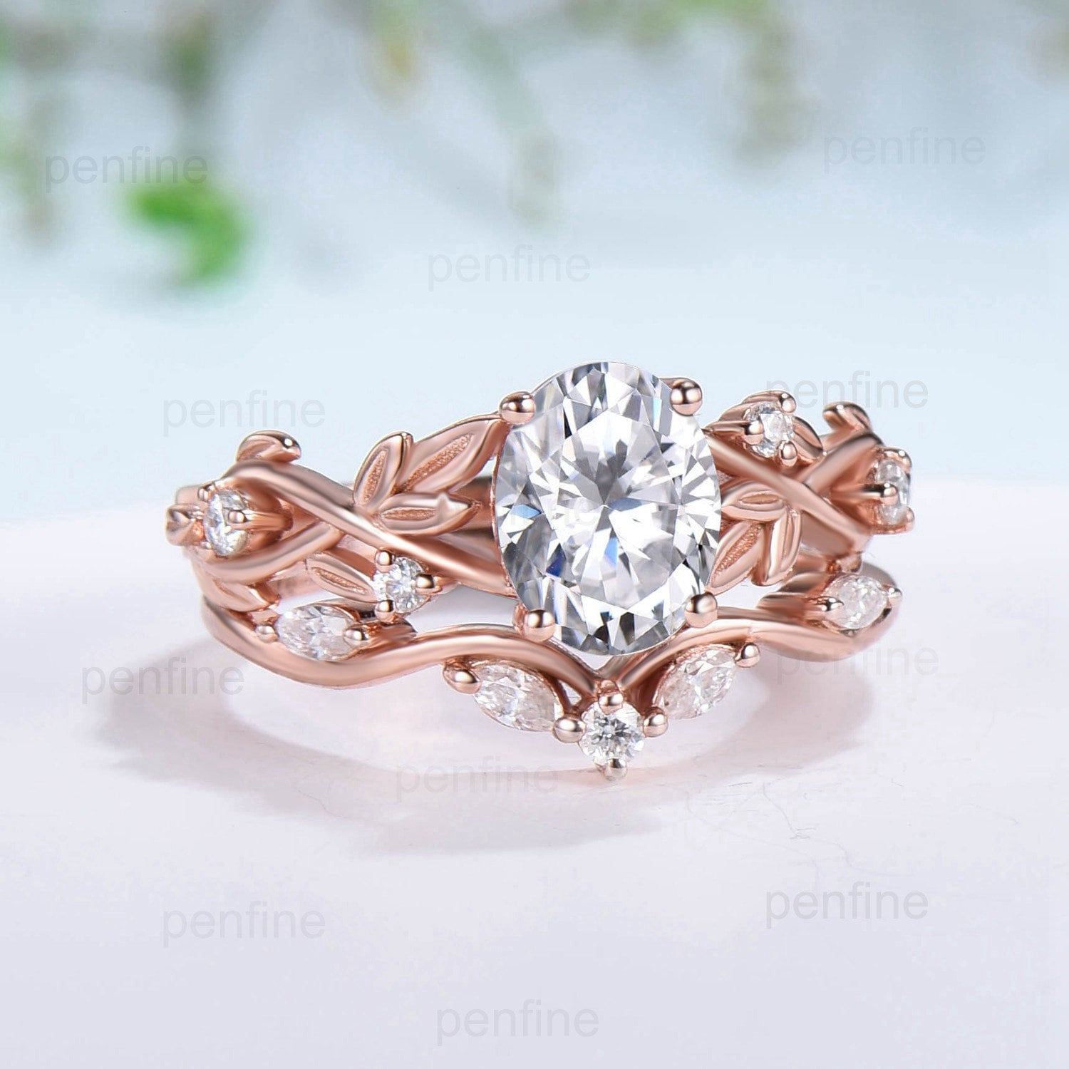 Lab Grown Diamond Engagement Ring - Nature Inspired Twig Oval Bridal Set with Unique Leaf Diamonds in Platinum | Perfect for Eco-Conscious Brides, Wedding Proposals & Anniversary Gifts