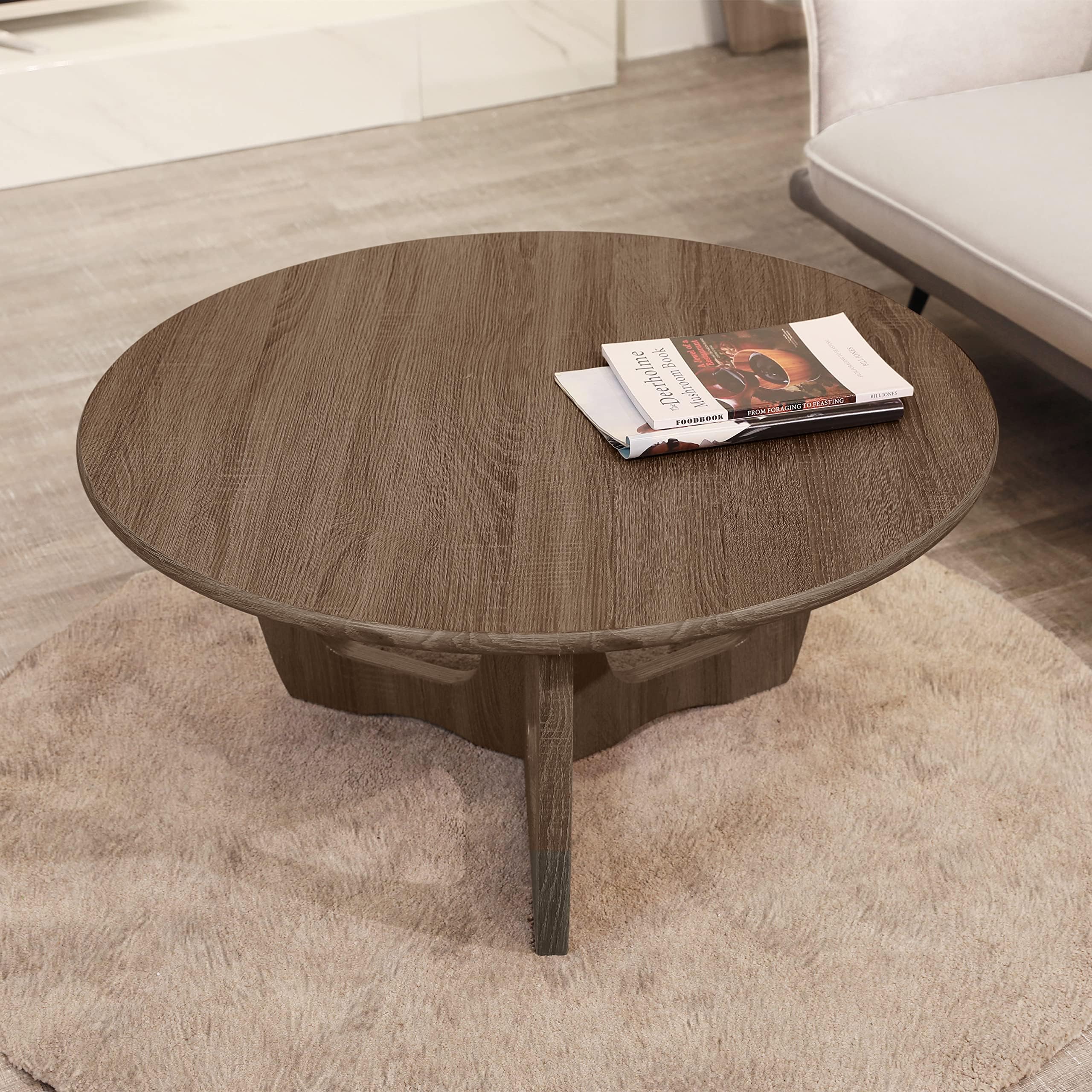 FINECASA Mid-Century Modern Wooden Round Coffee Table with Curved Legs - 36 x 18 Inches Chestnut Brown Accent Table for Living Room, Couch & Home Decor | Perfect for Lounge Areas, Reading Nooks & Small Space Living