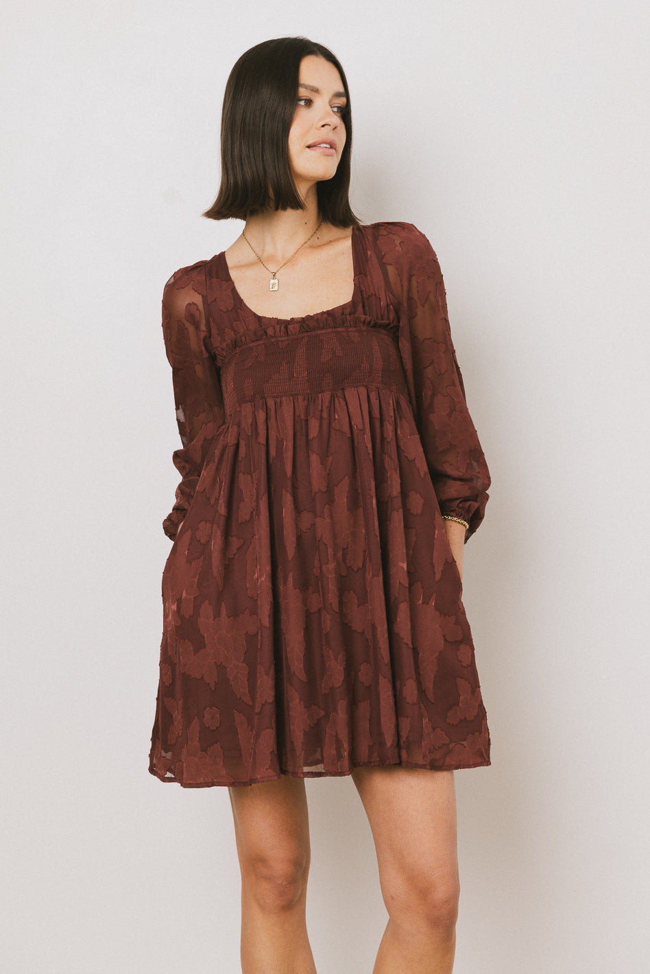 Miles Smocked Mini Dress in Red Brown - Flowy Summer Dress for Women, Casual Boho Chic Outfit, Perfect for Beach, Vacation & Date Night