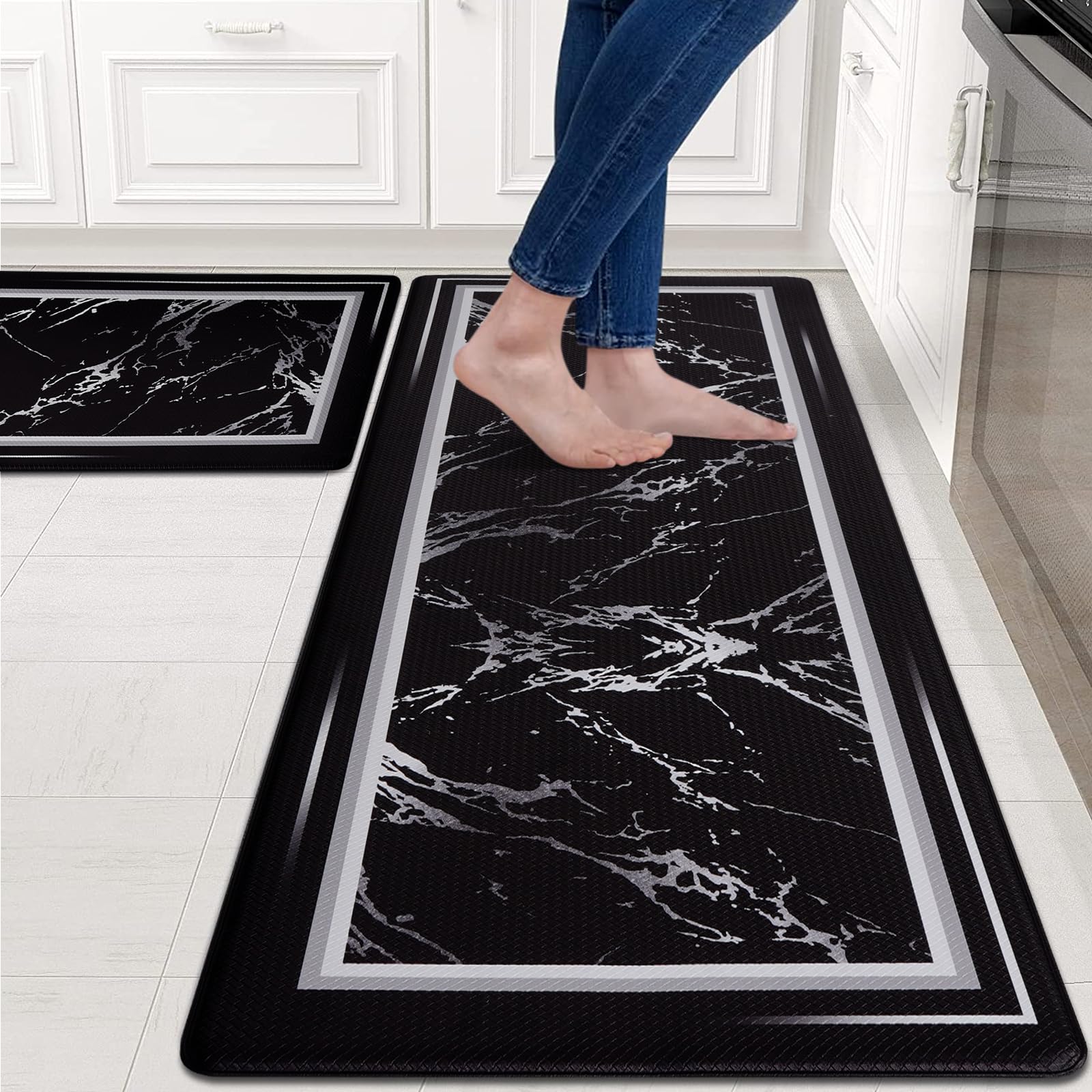 ASPMIZ 2-Piece Non-Slip Kitchen Rugs Set - Black Marble Cushioned Anti-Fatigue Floor Mats for Standing Comfort (18