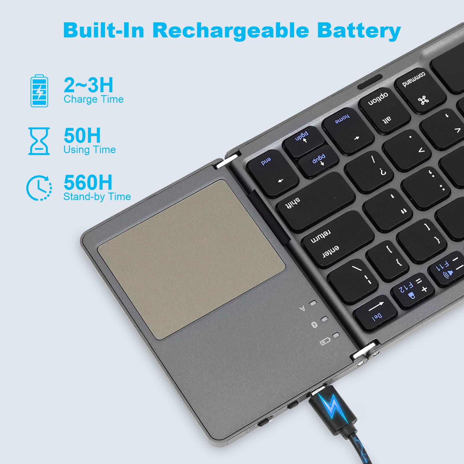 Foldable Bluetooth Keyboard with Touchpad - Rechargeable Wireless Mini Keyboard for PC, Tablet, Samsung, Android, iOS, Smartphone (Dark Gray) - Perfect for Travel, Office & Home Use