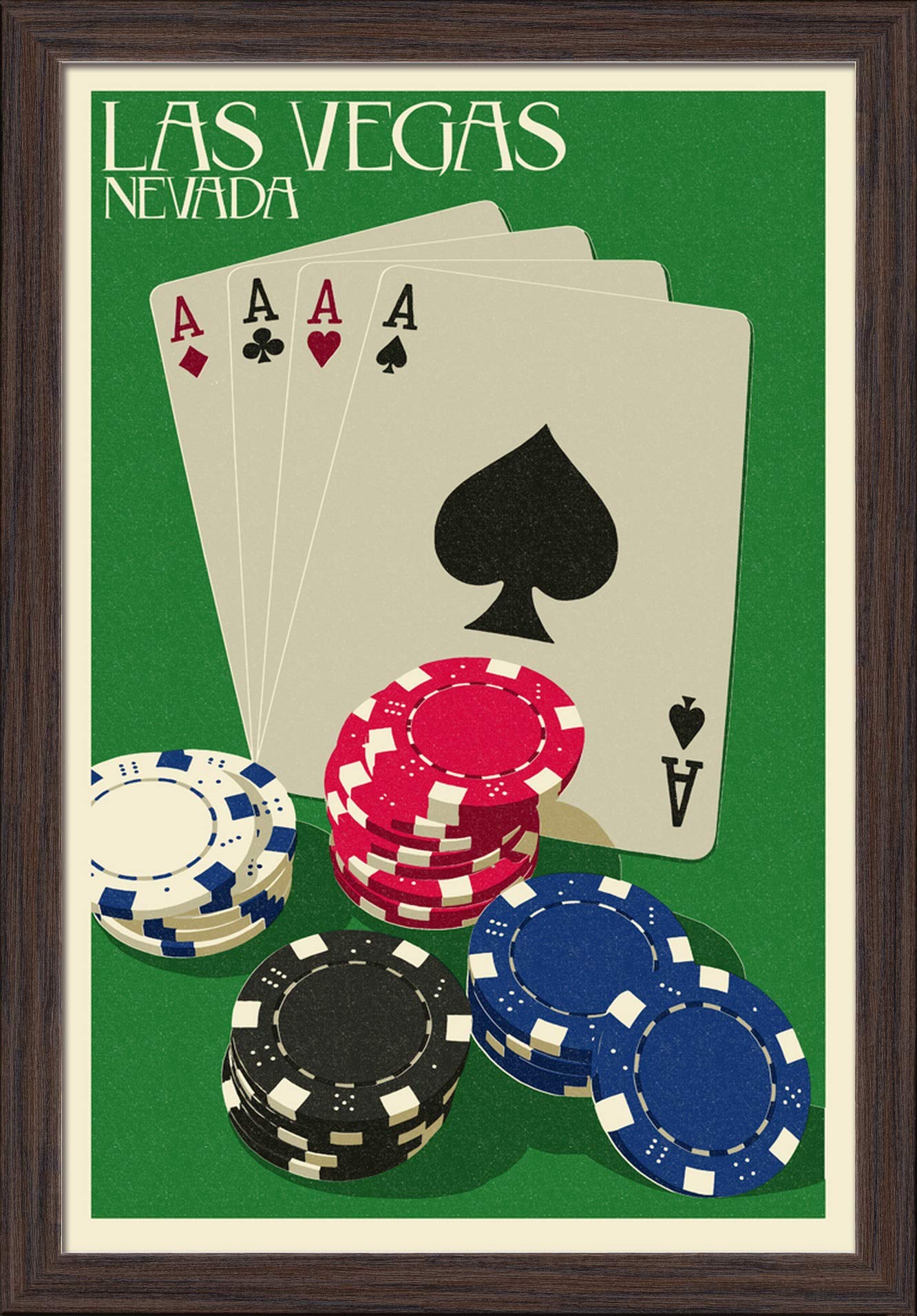 Las Vegas Nevada Poker Cards & Chips Letterpress Art Print - 16x24 Giclee Fine Art with Recycled Wood Frame in Espresso Brown - Perfect for Game Rooms, Casinos & Man Cave Decor