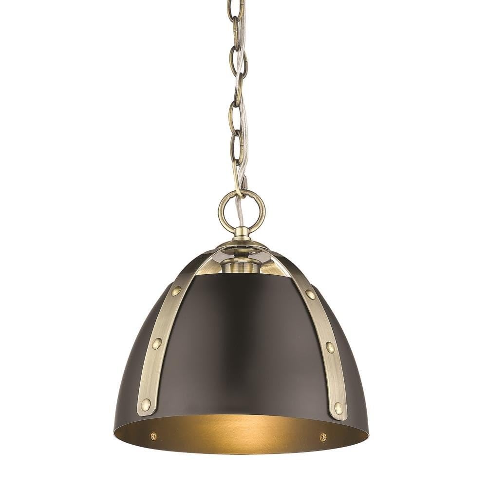 Golden Lighting - Aldrich Small Pendant Light in Aged Brass with Matte Black Shade - Vintage Industrial Pendant Lighting for Kitchen Island, Dining Room, Bar Counter & Entryway - Dimmable Hanging Light Fixture for Modern & Farmhouse Decor