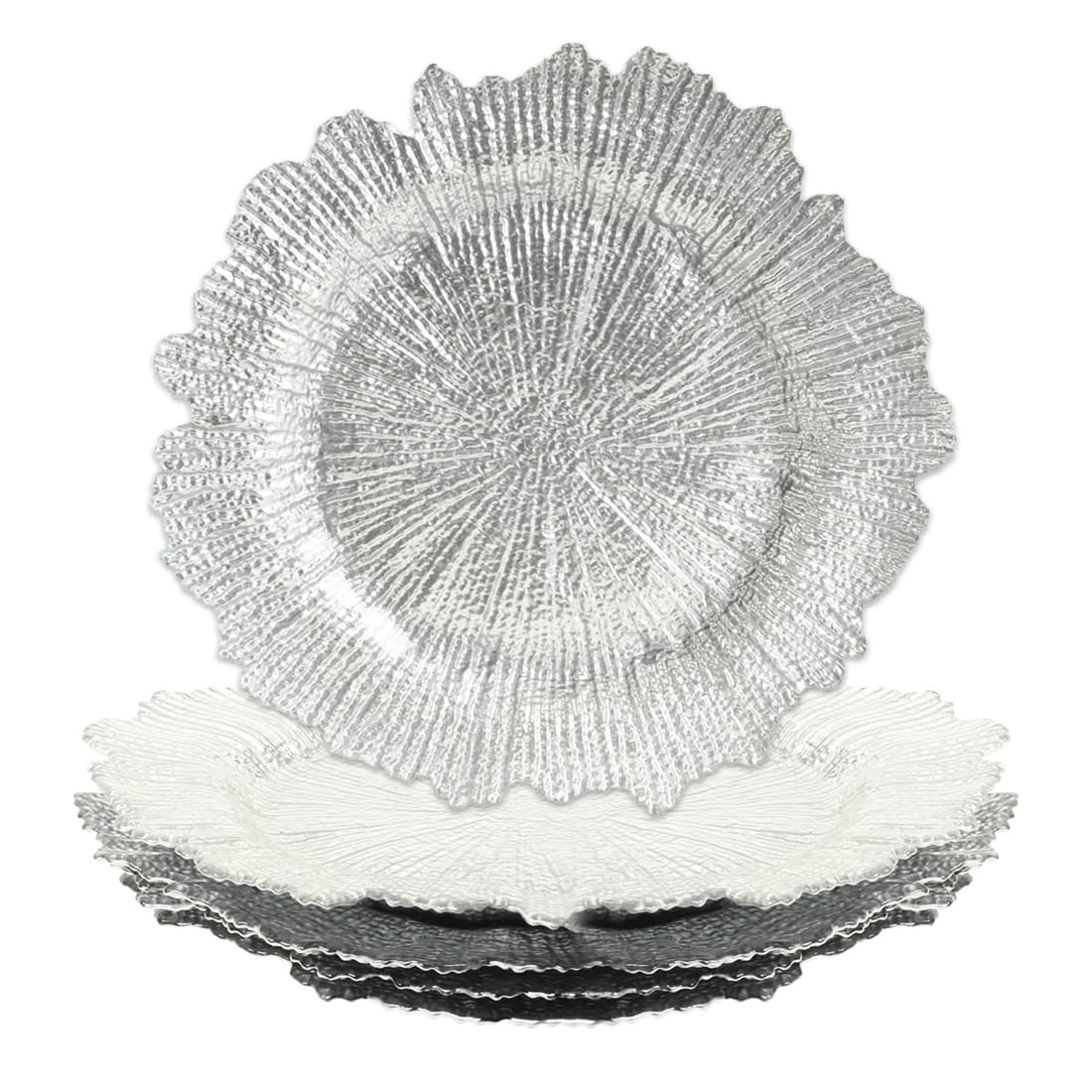 Koyal Wholesale Bulk Flora Glass Charger Plates - Set of 4 Silver Starburst & Reef Design - Elegant Dinnerware for Wedding, Party & Holiday Decor - Perfect for Table Setting & Home Decoration
