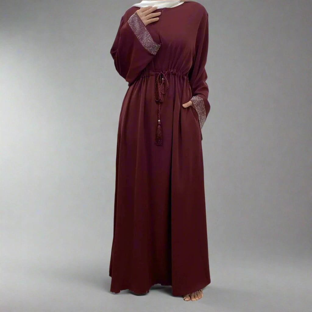 Hotfix Rhinestone Cuff Abaya Dress with Pockets - Elegant Muslim Women's Islamic Clothing for Parties, Weddings & Special Occasions