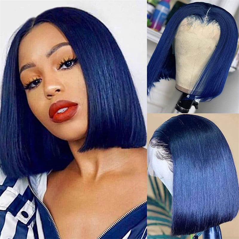 Eullair Short Navy Blue Straight Lace Front Wig - Pre-Colored 100% Human Hair Bob Style with 4x4 Lace Closure | Perfect for Daily Wear, Cosplay & Special Occasions