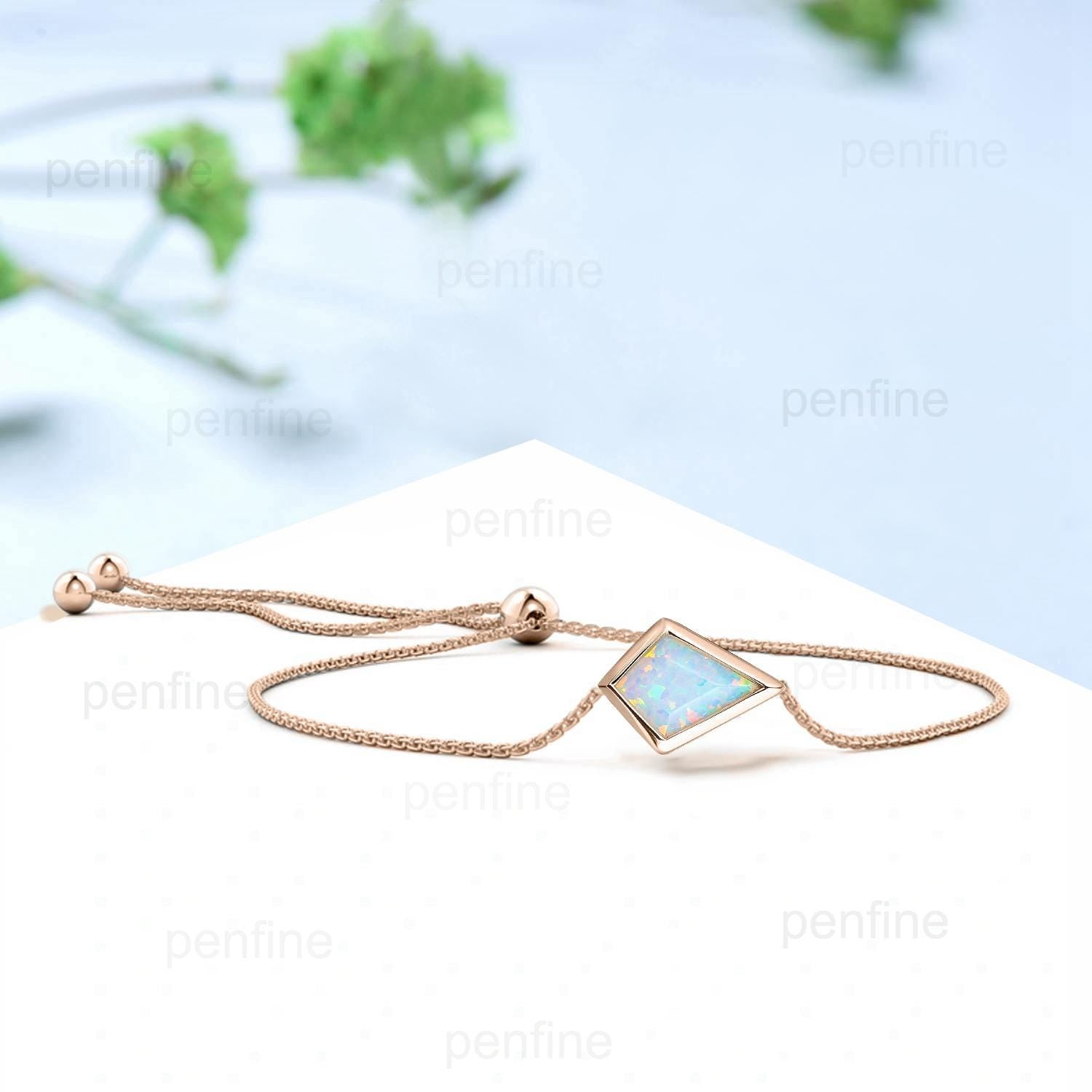 Bezel Set Kite Cut White Opal Bracelet - Minimalist Dainty Vintage Stackable Jewelry for Women | Art Deco Anniversary Gift | Perfect for Everyday Wear, Special Occasions & Layering