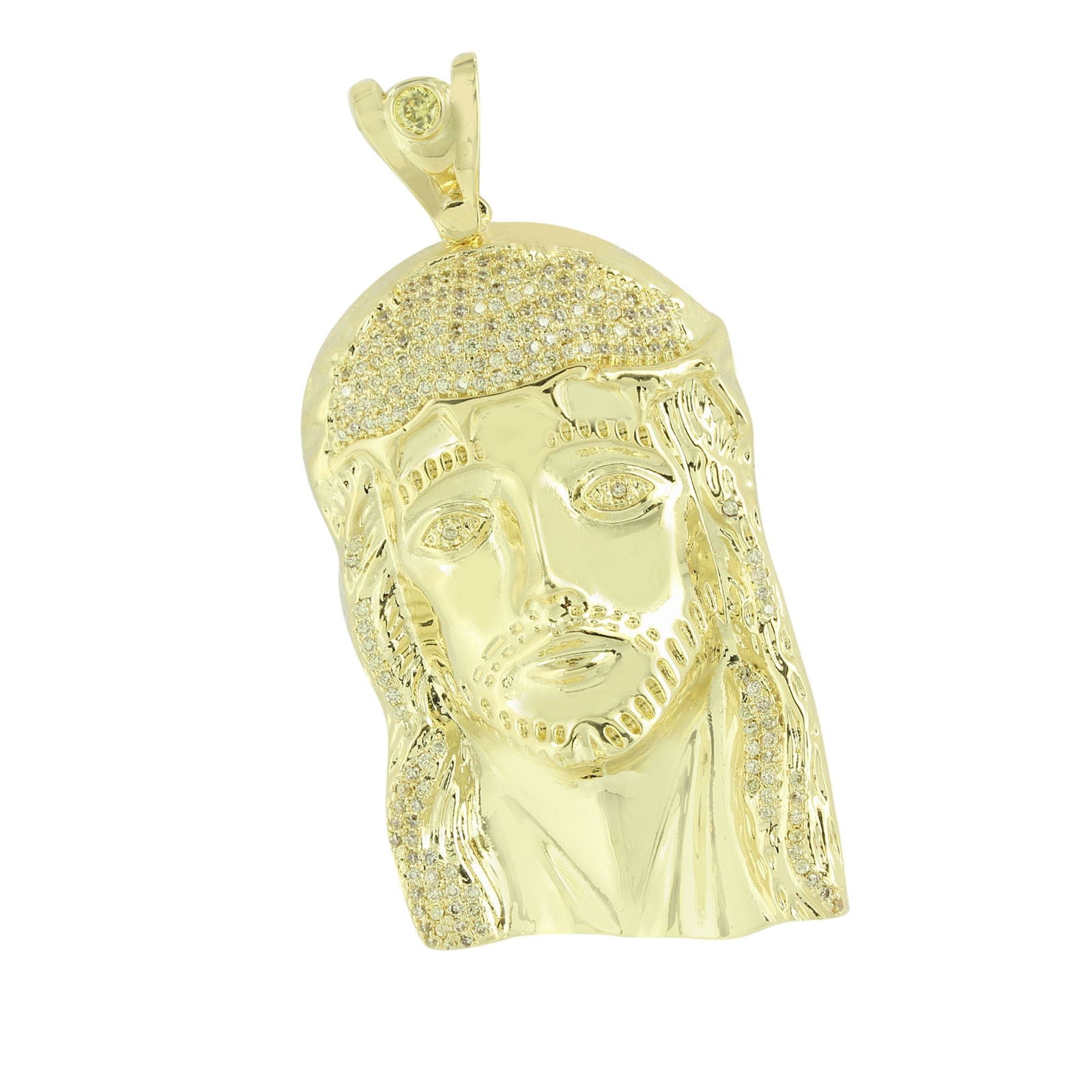 Jesus Face Pendant Necklace - 14K Yellow Gold Plated with Round Cut Simulated Diamonds - Perfect for Religious Gifts, Baptism, First Communion & Everyday Faith Jewelry