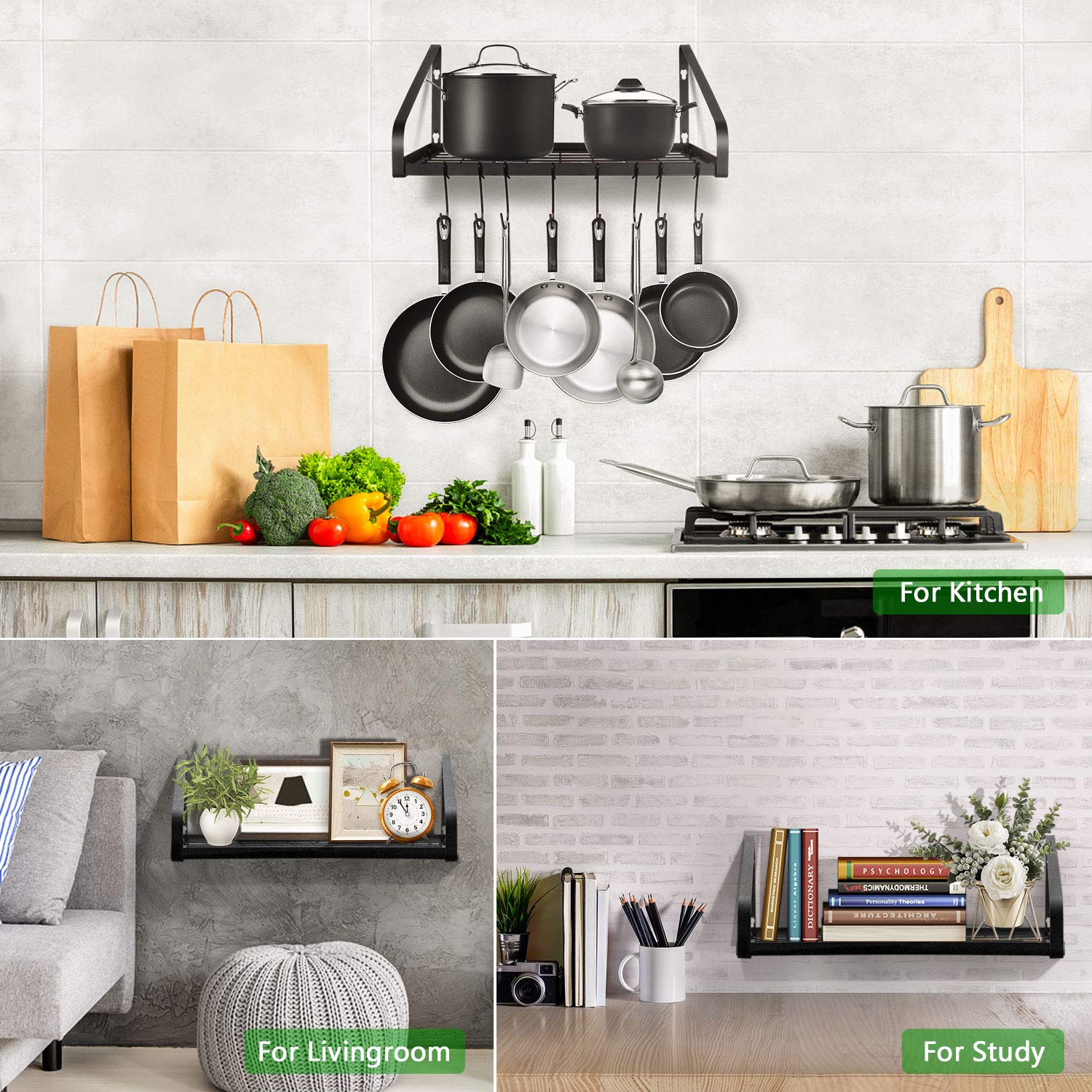 G-TING Wall Mounted Hanging Pot Rack - 8 Hook Kitchen Storage Shelf for Pans, Cookware & Utensils | Space Saving Organizer for Small Kitchens | Black (2 Installation Methods) - Perfect for Apartment, RV & Tiny Home Cooking Spaces