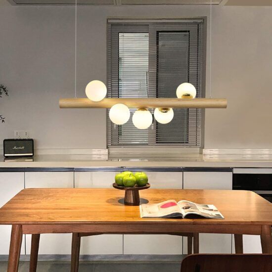 PATRIK Wood Rod With Glass Ball Pendant Lamp - Modern Hanging Light Fixture for Living Room, Bedroom & Dining Room Decor