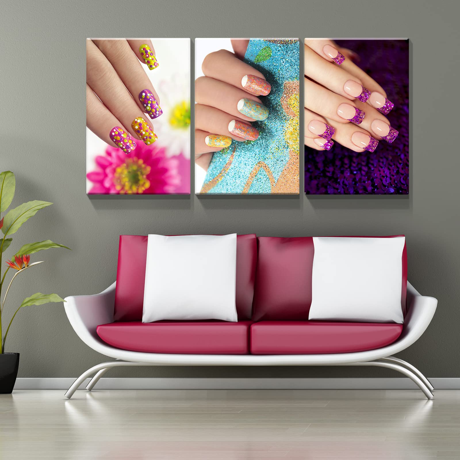 Denozer Salon Nail Room Wall Decor - 3 Panel Canvas Wall Art for Nail Studios, 32x48 Inch Ready-to-Hang Beauty Studio Decor - Perfect for Manicure Salons, Spa Rooms & Makeup Studios