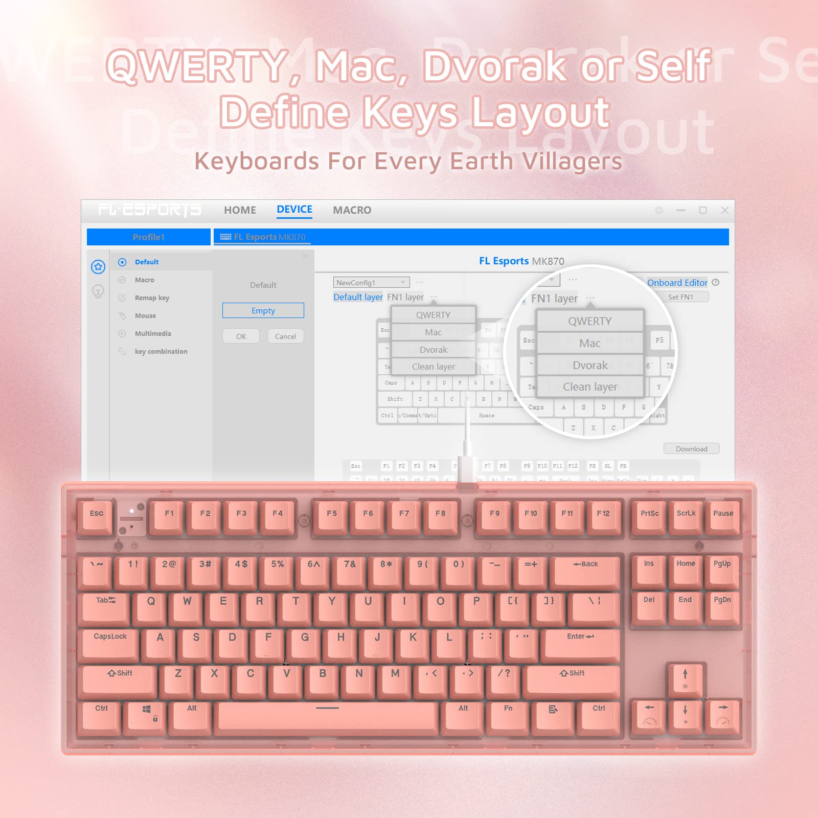MK870 87-Key RGB Mechanical Keyboard - Hot-Swap, DIY Gaming Keyboard for PC & Mac (Frosted Pink)