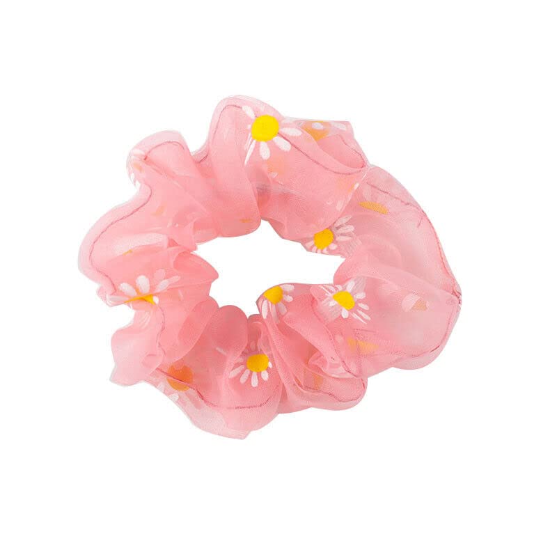 Elegant Organza Daisy Print Hair Scrunchie - Soft Elastic Hair Ties for Girls & Women - Perfect for School, Work, and Everyday Styling
