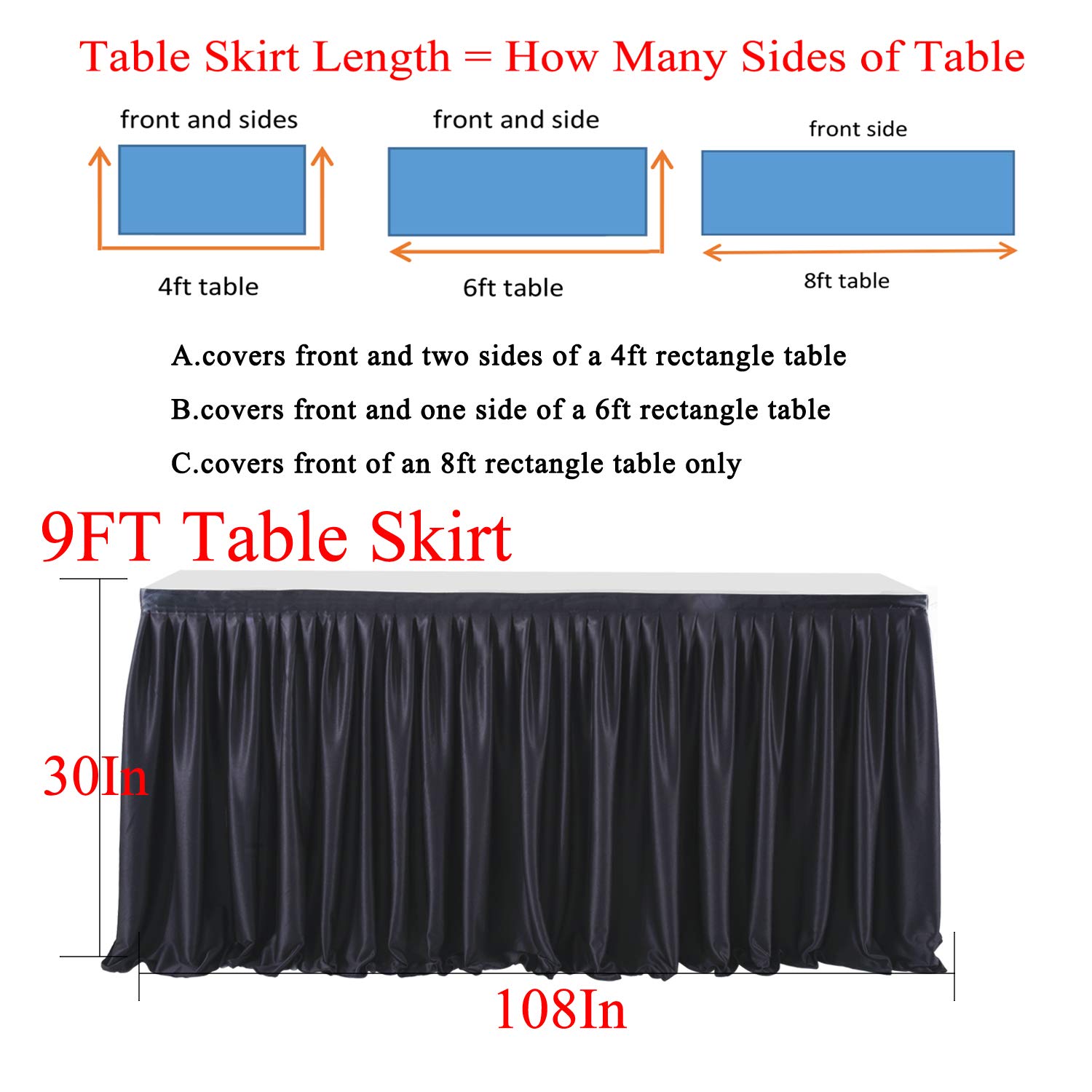 PARTISKY 8ft Black Polyester Table Skirt - Wrinkle Resistant Pleated Ruffle Tablecloth for Rectangle Tables | Perfect for Banquets, Weddings, Baby Showers, Trade Shows & Dining Decor