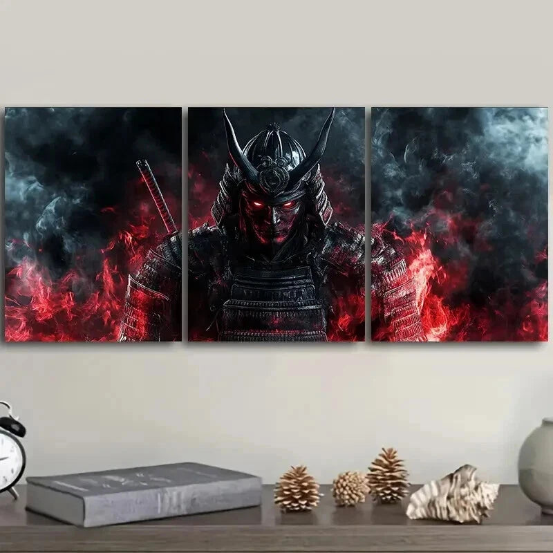 3-Piece Crimson Warrior with Black Horns Wall Art Set - Framed Canvas 50x70cm (20x28in) - High Quality Print - 100% Australian Made - Ready to Hang - Perfect for Living Room, Bedroom or Office Decor