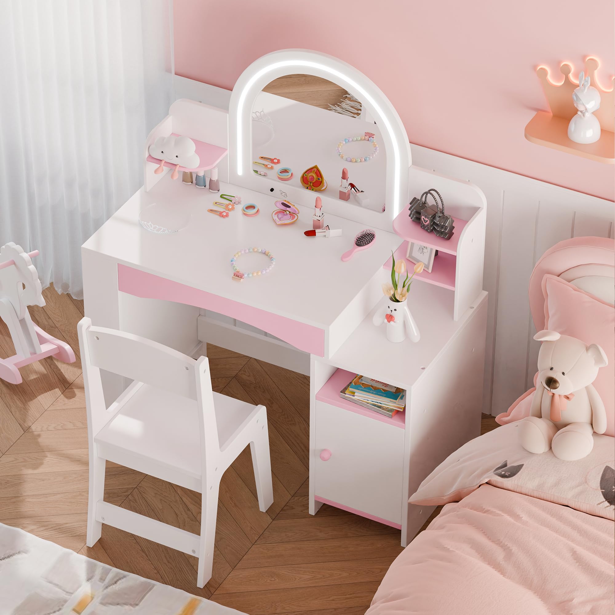 MU Kids Vanity with Lights - Princess Makeup Vanity Desk with Open Bookshelf, Storage Cabinet & Shelves, 2-in-1 Toddler Vanity Table & Chair Set with Lighted Mirror for Little Girls (White) - Perfect for Bedroom Decor, Birthday Gifts & Pretend Play
