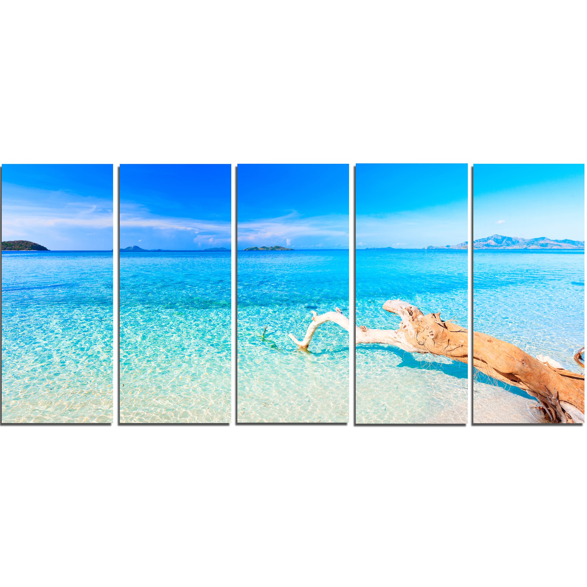 Designart Blue Tropical Beach Panoramic Photo Metal Wall Art - 5 Panel Coastal Decor for Living Room, Bedroom & Office - 60