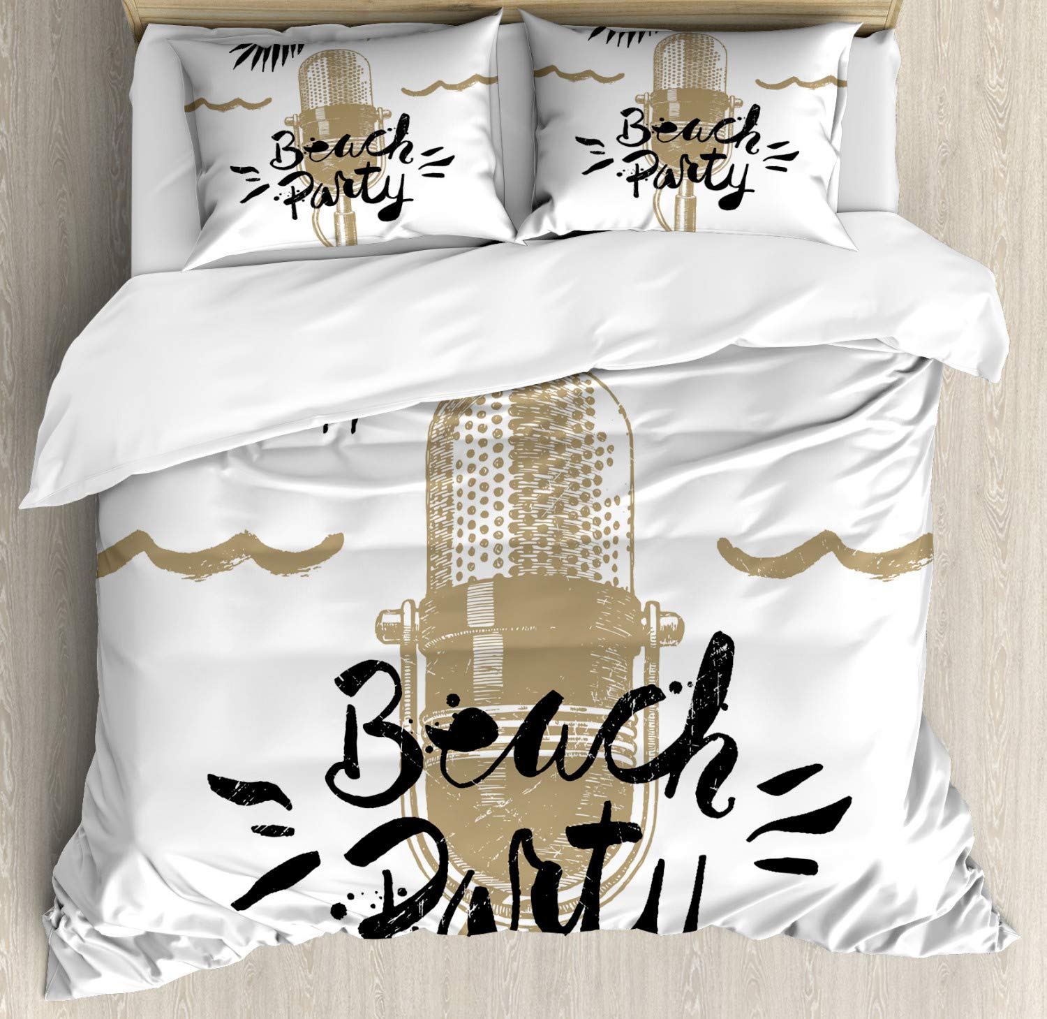 Ambesonne Beach Themed Duvet Cover Set - Retro Microphone & Palm Leaves Design, 3-Piece California King Bedding Set with 2 Pillow Shams (Camel Black White) - Perfect for Beach House Decor, Coastal Bedroom Theme & Summer Vacation Vibes