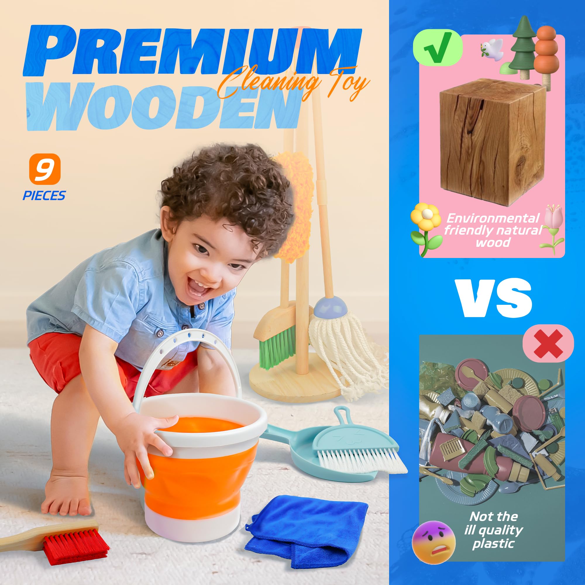 9-Piece Wooden Kids Cleaning Toy Set with Broom, Mop, Bucket & Cloth - Montessori Learning Toys for Toddlers - Pretend Play Housekeeping Set for Indoor Chores & Role Play Activities