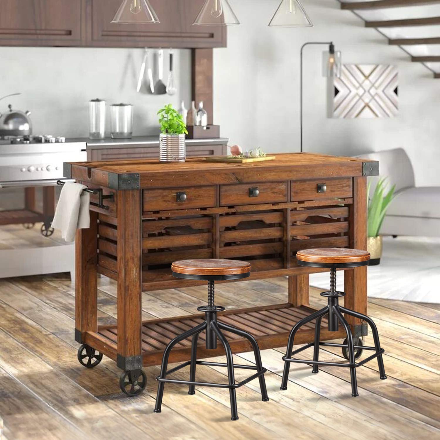 Topower Farmhouse Kitchen Stool Set of 2 - Adjustable Height Industrial Counter Stool with Swivel Base, Black Wooden Seat for Bar, Kitchen Island & Dining Room Decor