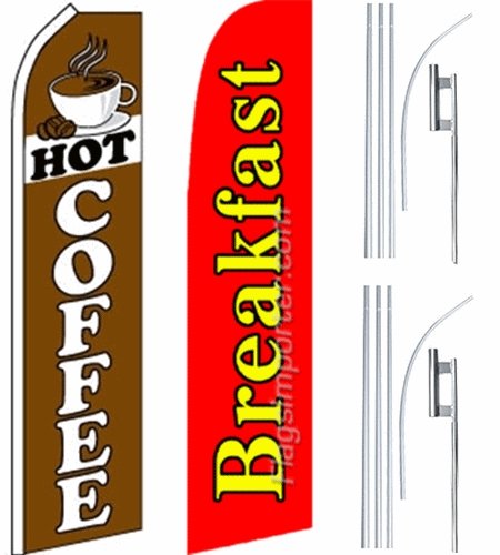 2 Pack Restaurant Swooper Flutter Flags & Poles - Hot Coffee & Breakfast Theme - Durable Outdoor Advertising for Cafes, Diners & Drive-Thrus