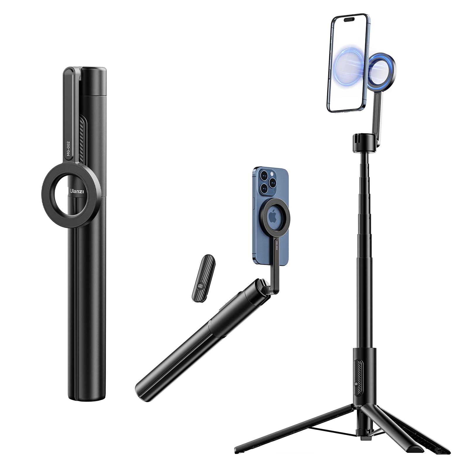 ULANZI MG-002 64.5in Magnetic Phone Tripod Stand with Remote - Flexible Selfie Stick & 52N Magsafe Mount for iPhone 16/15/14/13/12, Samsung Galaxy - Perfect for Vlogging, Travel Photography & Hands-Free Video Recording