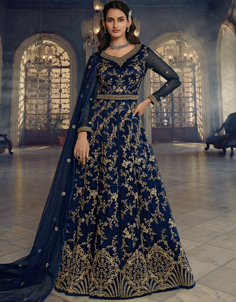 Elegant Blue Anarkali Semi-Stitched Suits for Women - Traditional Indian Party Wear for Weddings, Festivals & Special Occasions