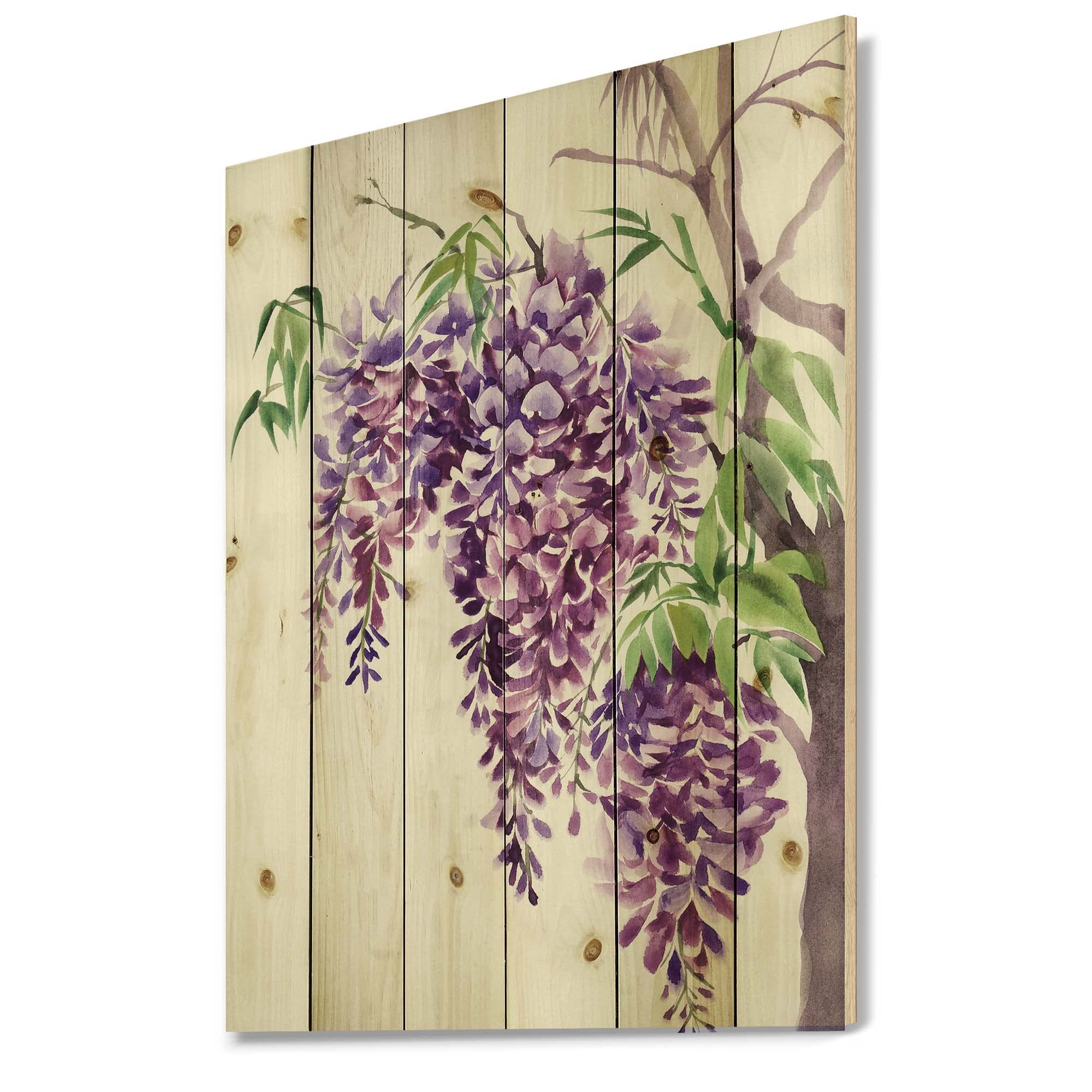 DesignQ Purple Wisteria Branches Wood Wall Art - Handcrafted Traditional Floral Wall Decor Printed on Natural Pine Wood Panels for Living Room, Bedroom & Office Decoration