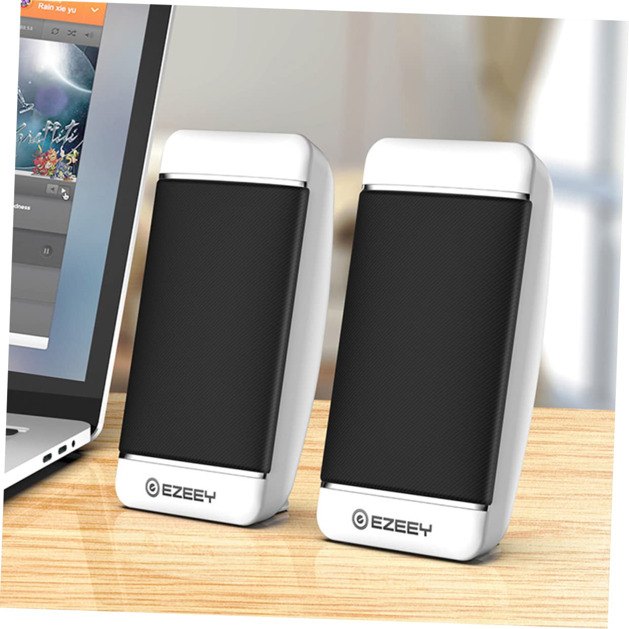 Mobestech 2-Pack Portable USB Computer Speakers - Mini Wired Stereo Multimedia Loudspeaker for Desktop, Laptop, Notebook (White) | Perfect for Home Office, Gaming, Music & Video Conferencing