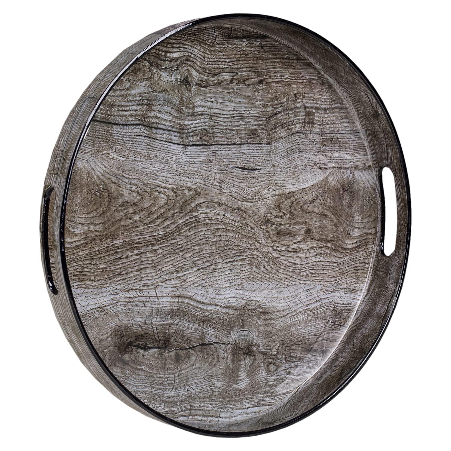 MAONAME 13 Inch Round Decorative Tray with Handles - Wood Grain Plastic Serving Tray for Coffee Table, Ottoman, Bathroom & Kitchen - Perfect for Entertaining, Organizing & Home Decor