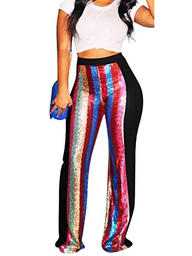 ALLUMK Women's Stretchy High Waisted Wide Leg Pants with Sequins & Button-Down Closure - Trendy Casual & Party Pants for Work, Date Night & Special Occasions