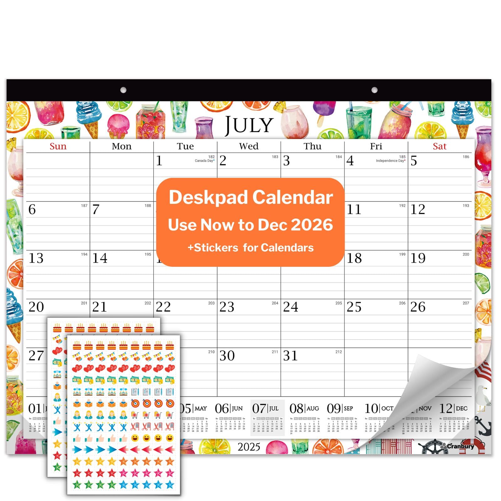 CRANBURY Large 22x17 Desk Calendar 2025-2026 with Colorful Seasonal Designs - July 2025 to December 2026 Monthly Planner - Oversized 17x22 Desk Pad or Hanging Wall Calendar - Includes Decorative Stickers - Perfect for Office, Home, or Classroom Organization