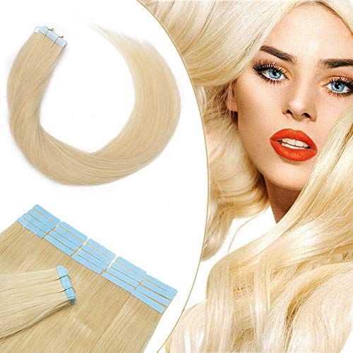 22 Inch Tape in Human Hair Extensions - 40pcs 100g #613 Bleach Blonde Long Straight Seamless Skin Weft - Invisible Double Sided Tape for Glueless Installation - Perfect for Daily Wear, Parties, and Special Occasions