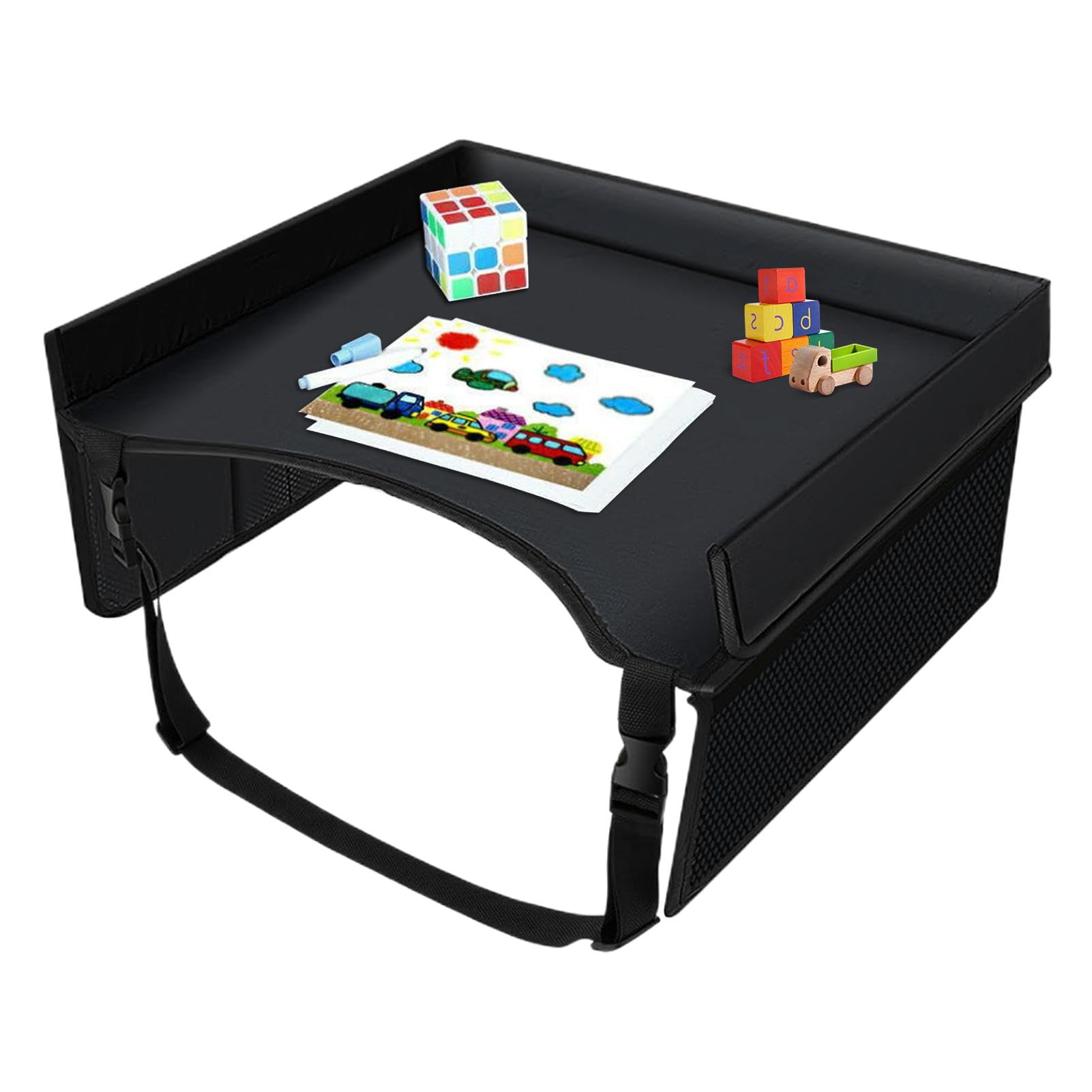 Foldable Kids Car Seat Tray with Adjustable Strap & Pocket - Travel Lap Desk for Snacks & Toys