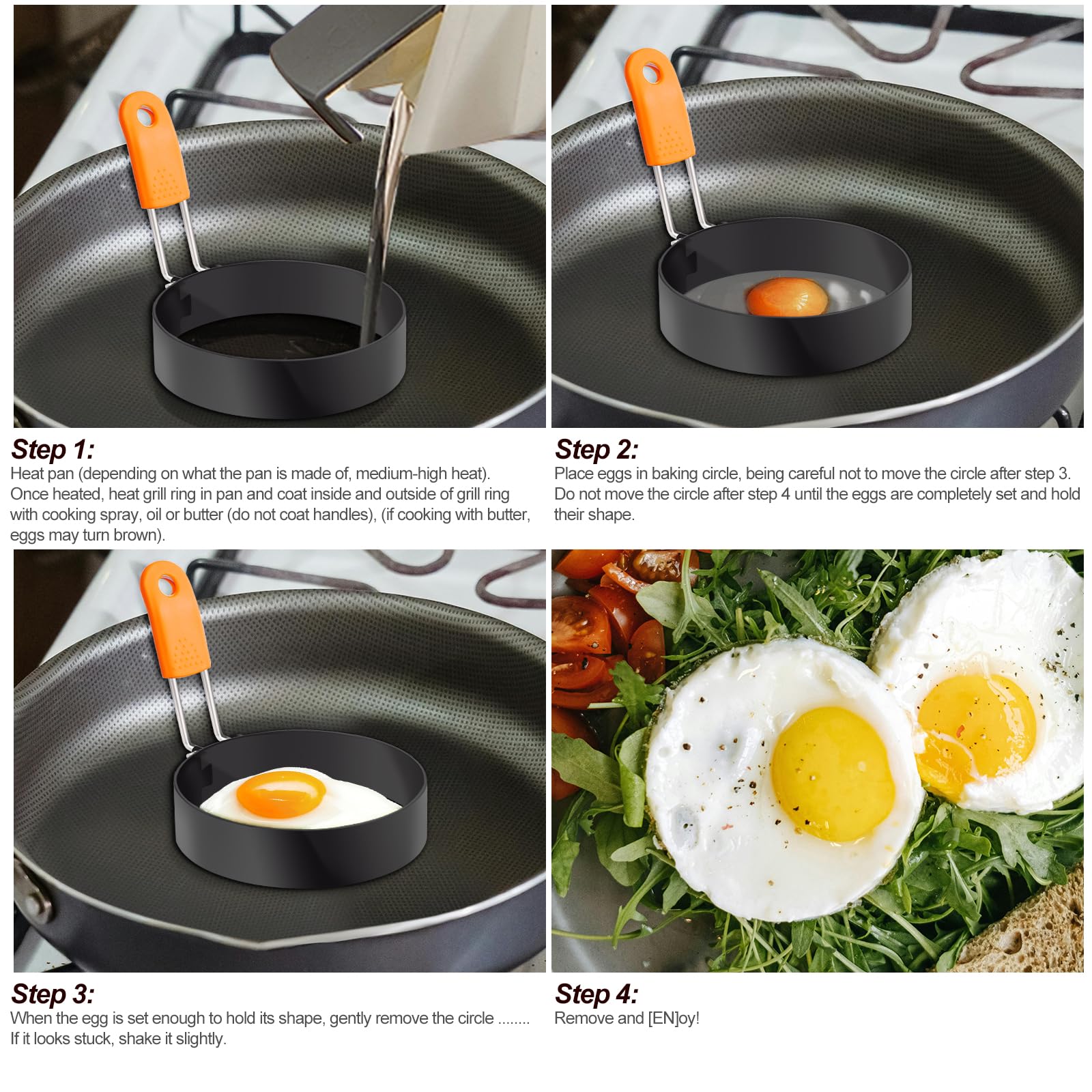 Stainless Steel Egg Rings with Silicone Handle - Nonstick Round Egg Cooking Molds (4Pcs 3.5