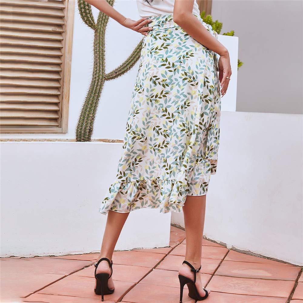 Women's Floral Chiffon Midi Skirt - High Waist Wrap Side Asymmetrical Bohemian Long Skirt for Summer Beach Vacation, Outdoor Date Night & Casual Wear