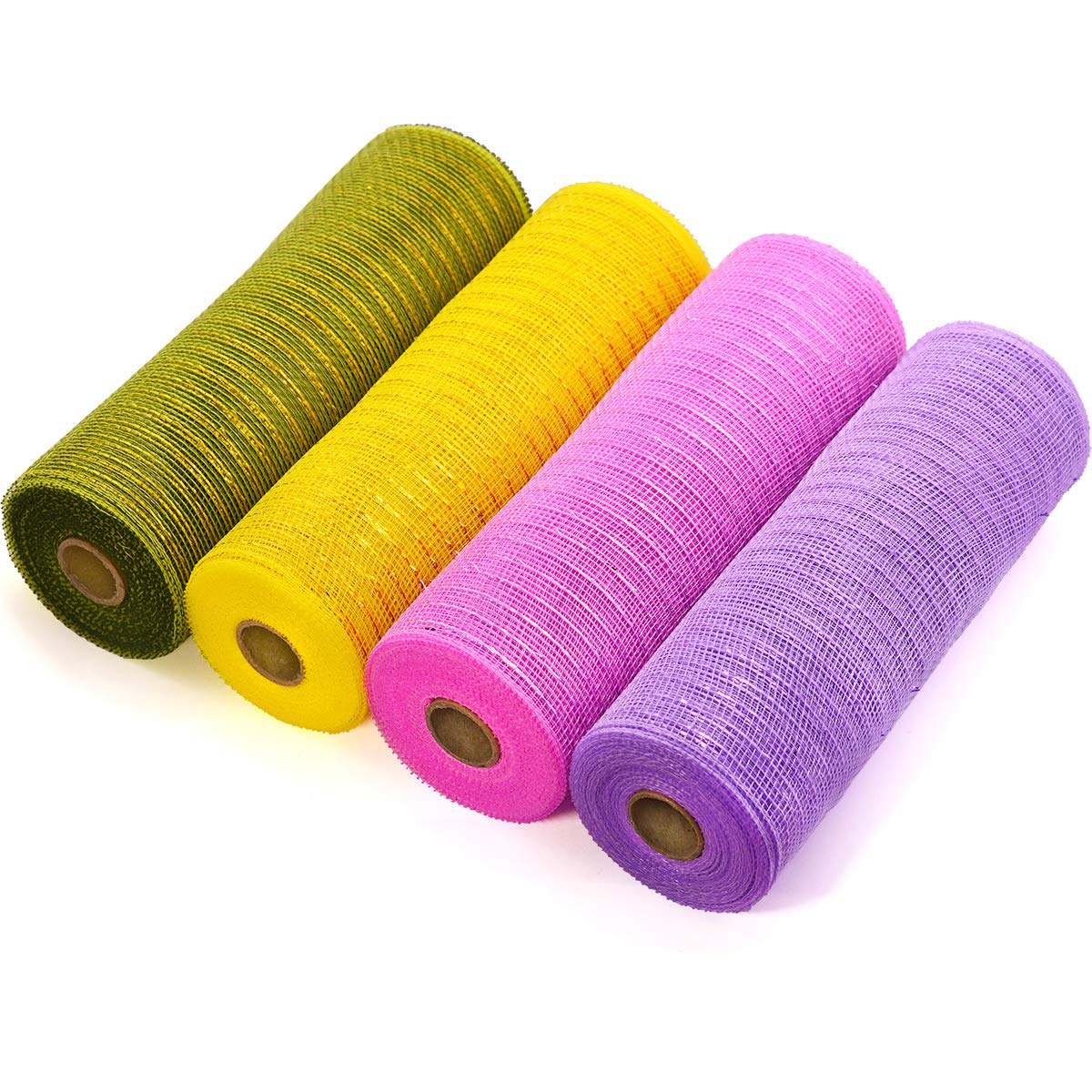 Koopi 10 inch x 10 Yards Poly Deco Mesh Ribbon - Metallic Foil Easter Wreath & Craft Supplies (4 Rolls: Olive Green, Yellow, Light Purple, Pink) - Perfect for DIY Home Decor, Party Backdrops & Seasonal Wreath Making